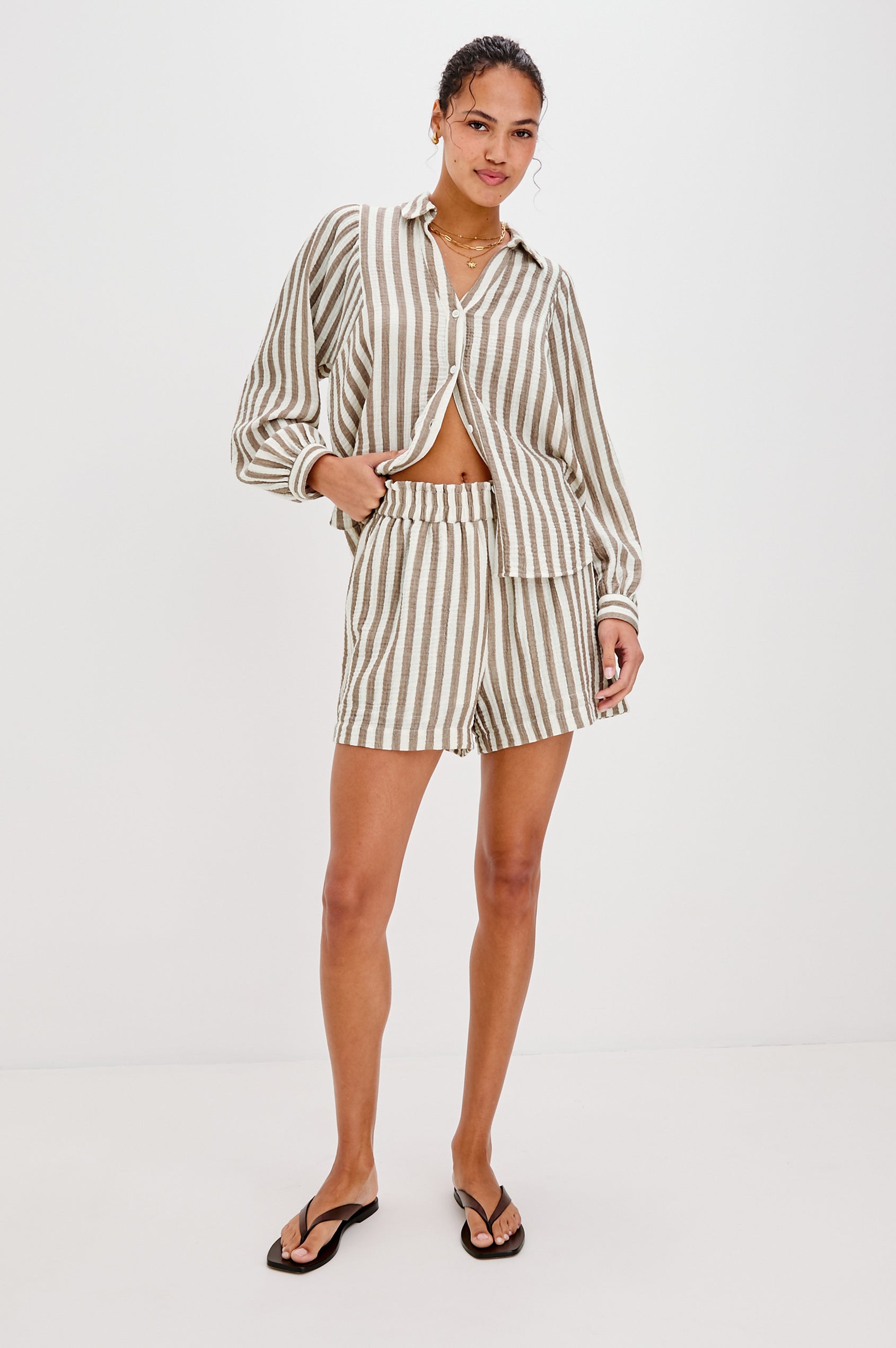 Leighton Pull on Elastic Waist Short in Milos Stripe. Full Body Front View Shown on Model.