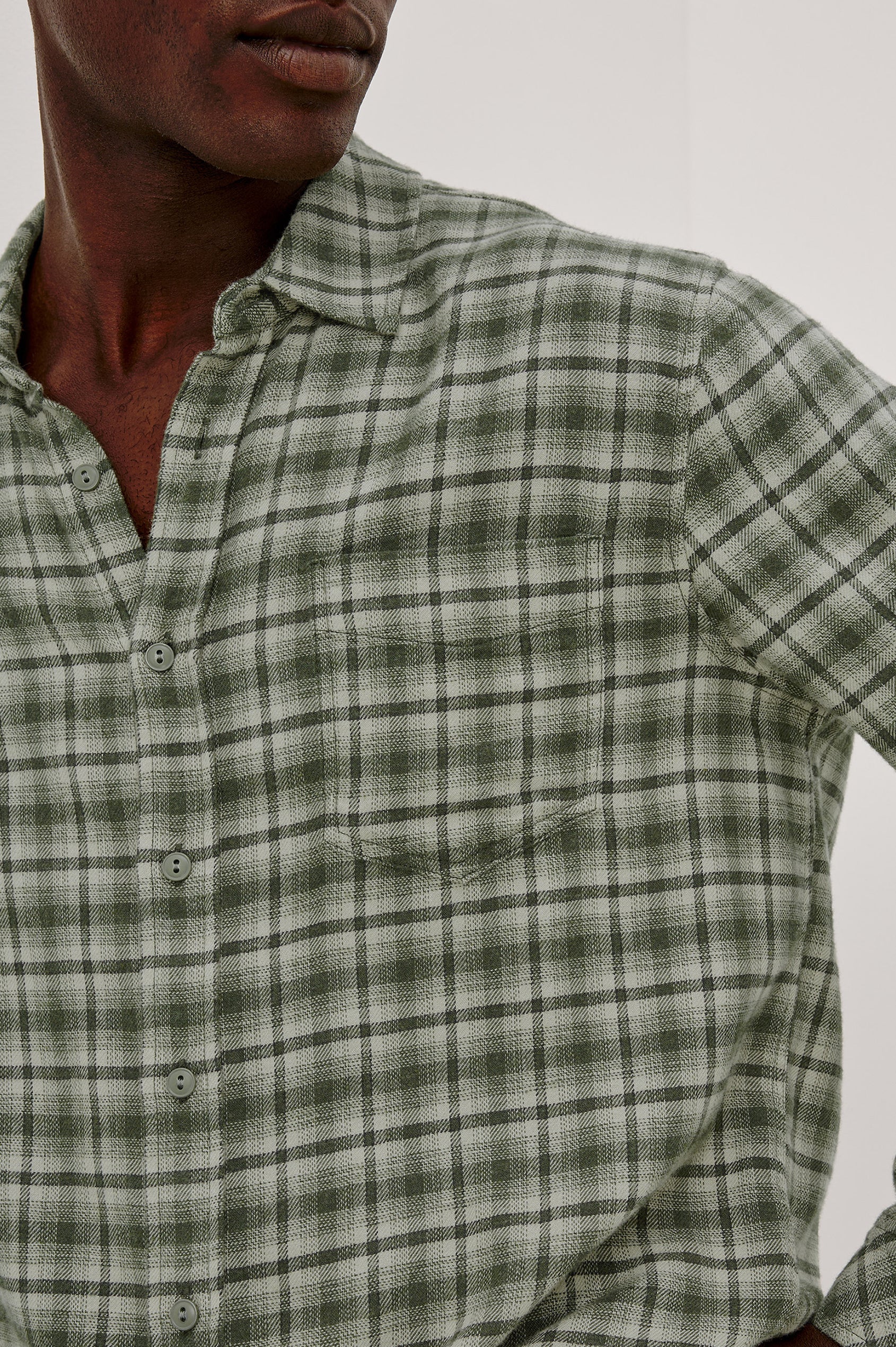 Lennox Plaid Shirt in Double-Brushed Cotton With Spread Collar, Relaxedd Fit, Chest Pocket, Button Front, and Shirttail Hem in Birch Forest Colorway - Upper Body Front View Featured on Model
