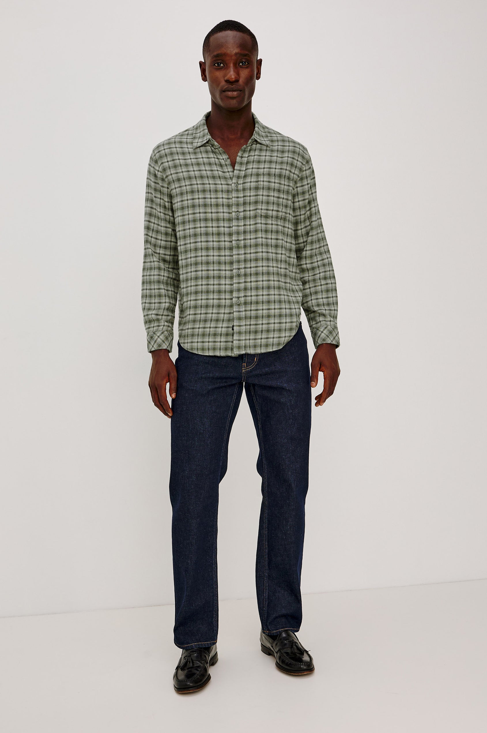 Lennox Plaid Shirt in Double-Brushed Cotton With Spread Collar, Relaxedd Fit, Chest Pocket, Button Front, and Shirttail Hem in Birch Forest Colorway - Full Body Front View Featured on Model