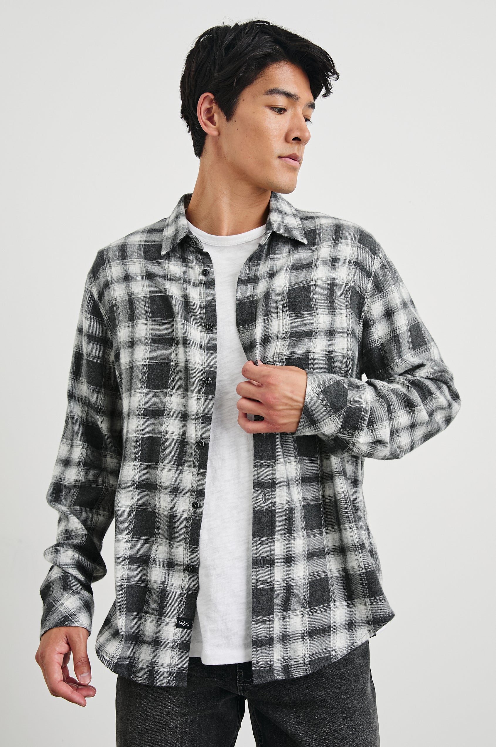 Lennox Long-Sleeve Button Up with a Chest Patch Pocket in Black Oak Haze Colorway, a plaid - Front Unbuttoned View Featured on Model