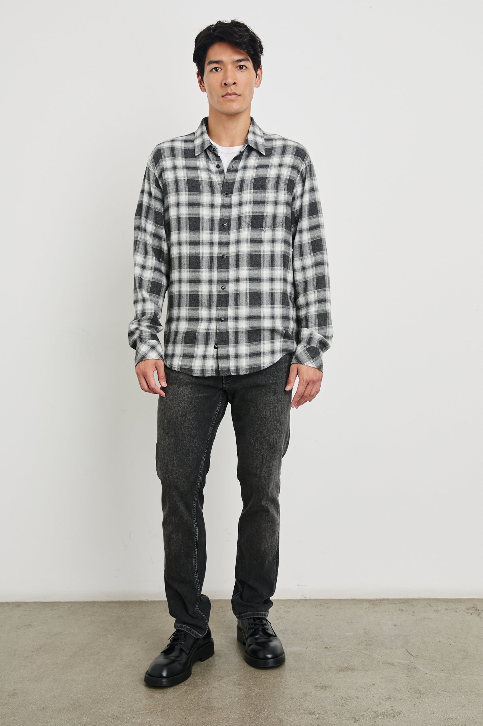 Lennox Long-Sleeve Button Up with a Chest Patch Pocket in Black Oak Haze Colorway, a plaid - Front Full Body View Featured on Model