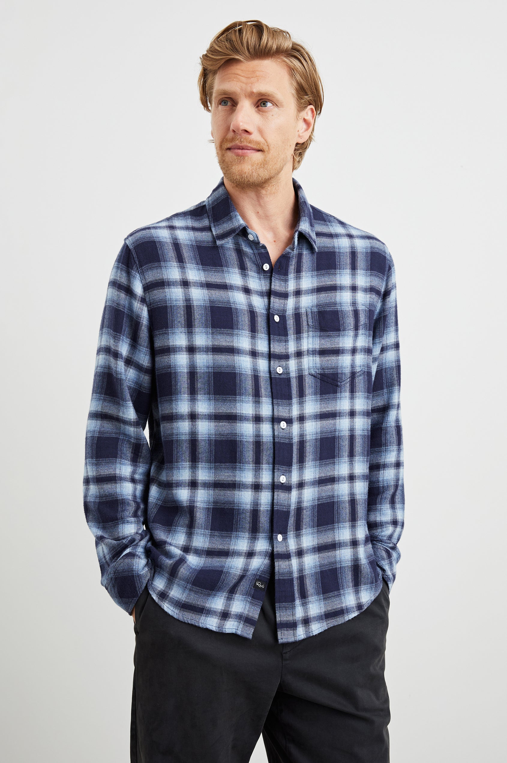 Lennox Long-Sleeve Button Up with a Chest Patch Pocket in Blue Opal Colorway, a plaid in Blues - Front View Featured on Model