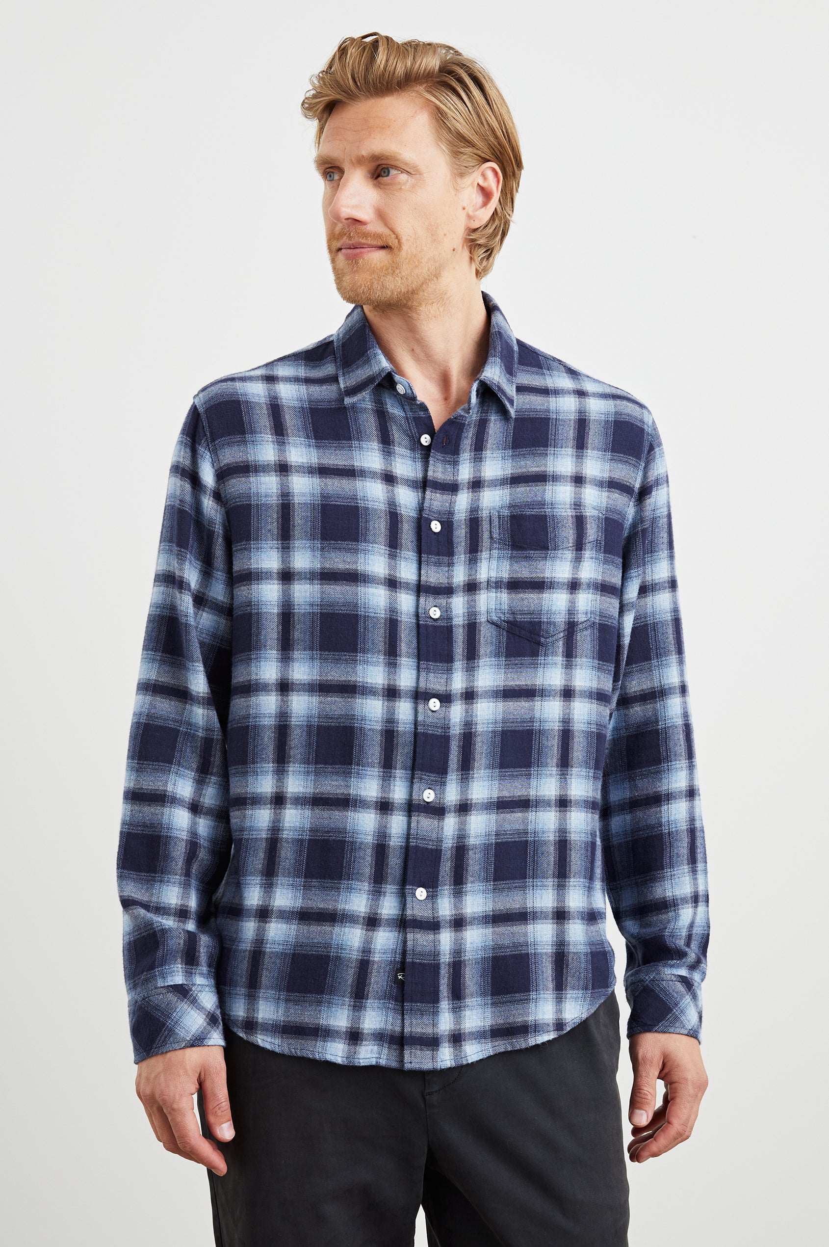 Lennox Long-Sleeve Button Up with a Chest Patch Pocket in Blue Opal Colorway, a plaid in Blues - Front View Featured on Model