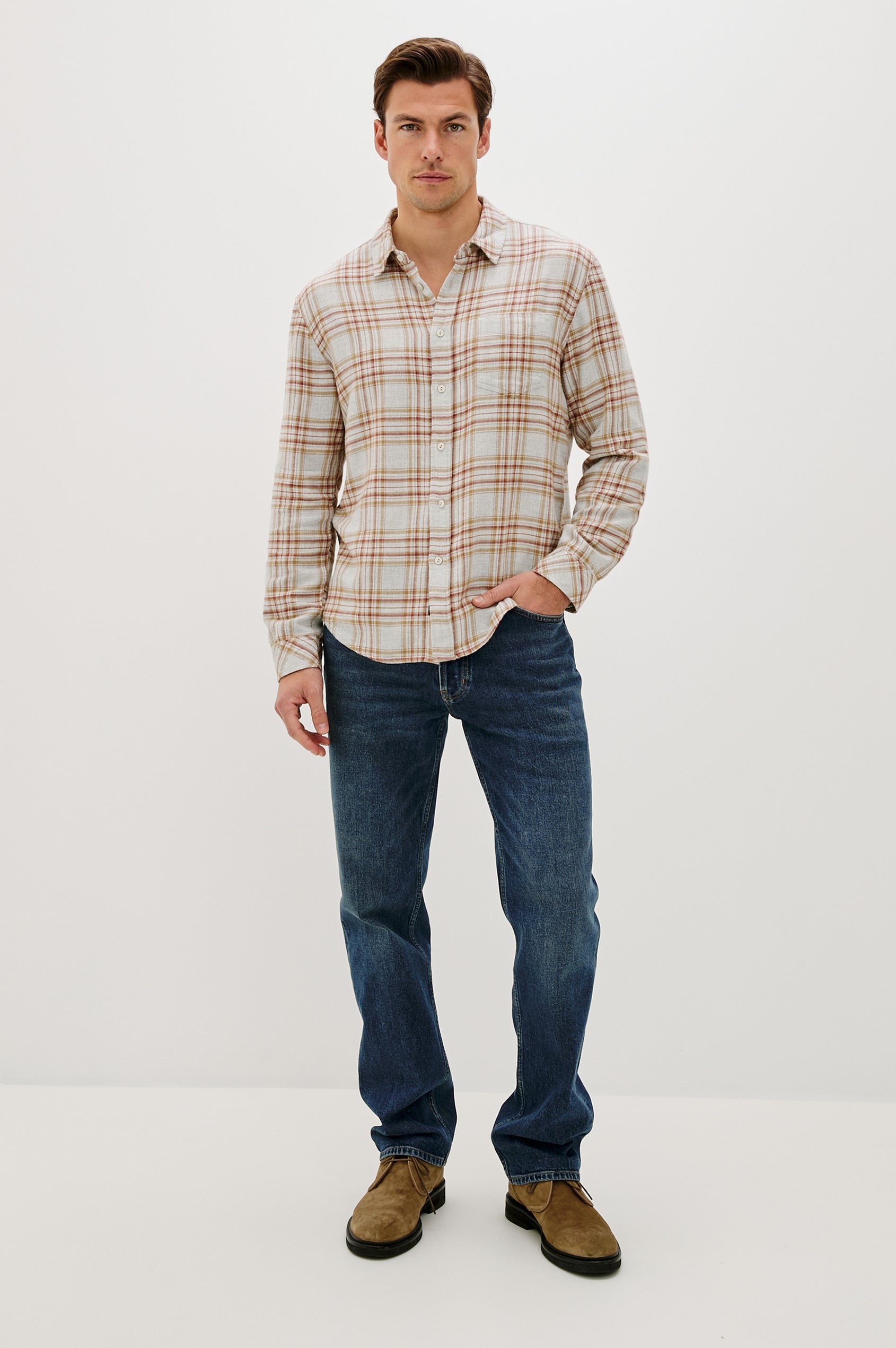 Lennox Long-Sleeve Button Up with a Chest Patch Pocket in Currant Tawney Melange Colorway, a plaid wtih Beige, Burnt Orange and gold colors- Front Full Body View Featured on model
