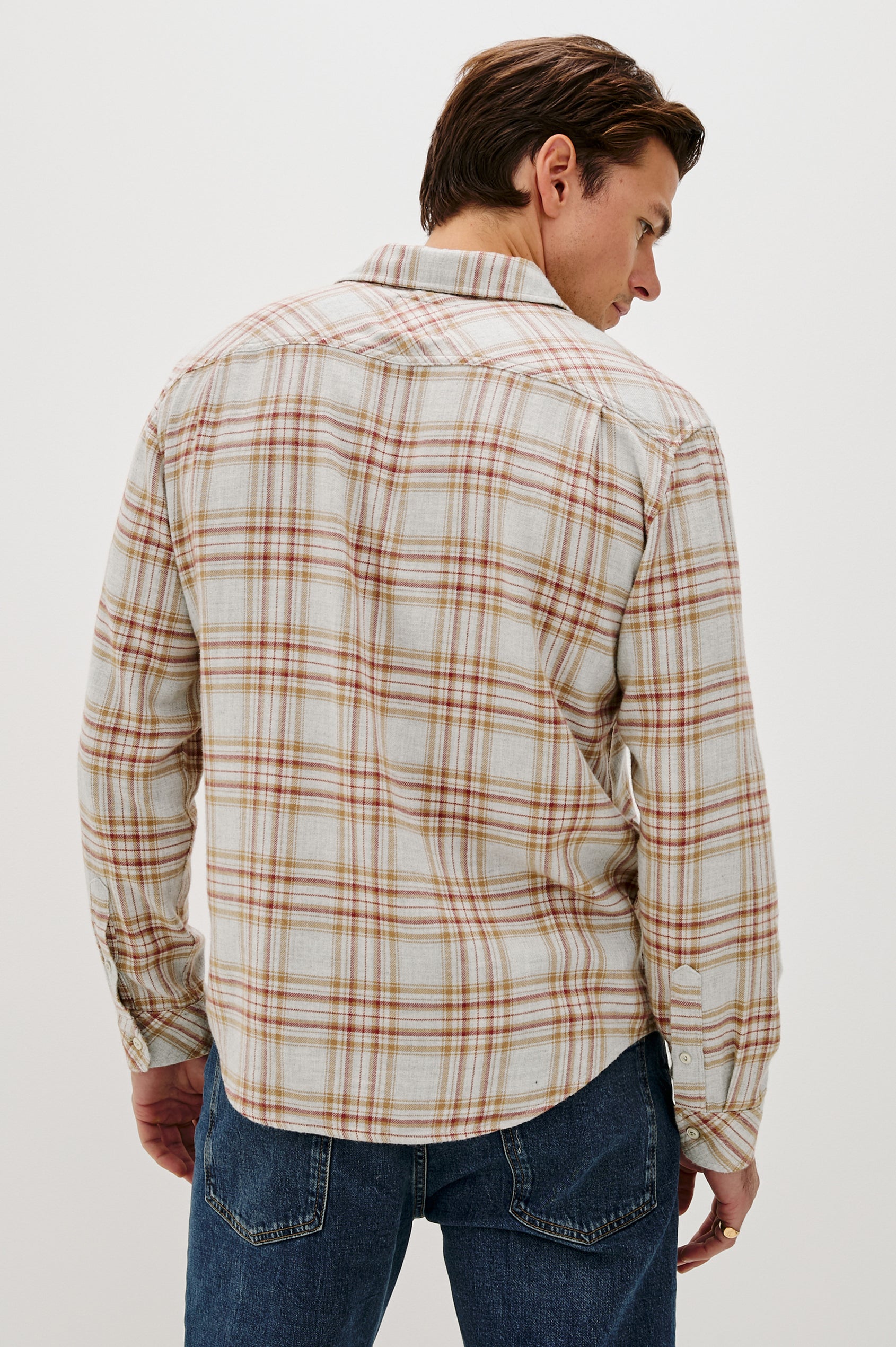 Lennox Long-Sleeve Button Up with a Chest Patch Pocket in Currant Tawney Melange Colorway, a plaid wtih Beige, Burnt Orange and gold colors- Back View Featured on model