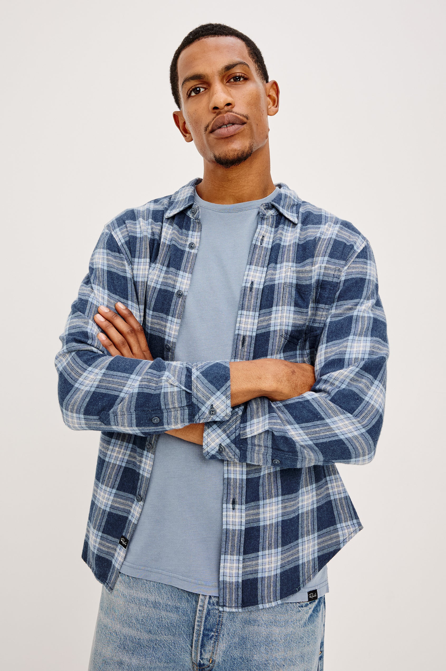 Lennox Plaid Shirt in Double-Brushed Cotton With Spread Collar, Relaxed Fit, Chest Pocket, Button Front, and Shirttail Hem in Marine Heather Glass Colorway - Front view featured on model.