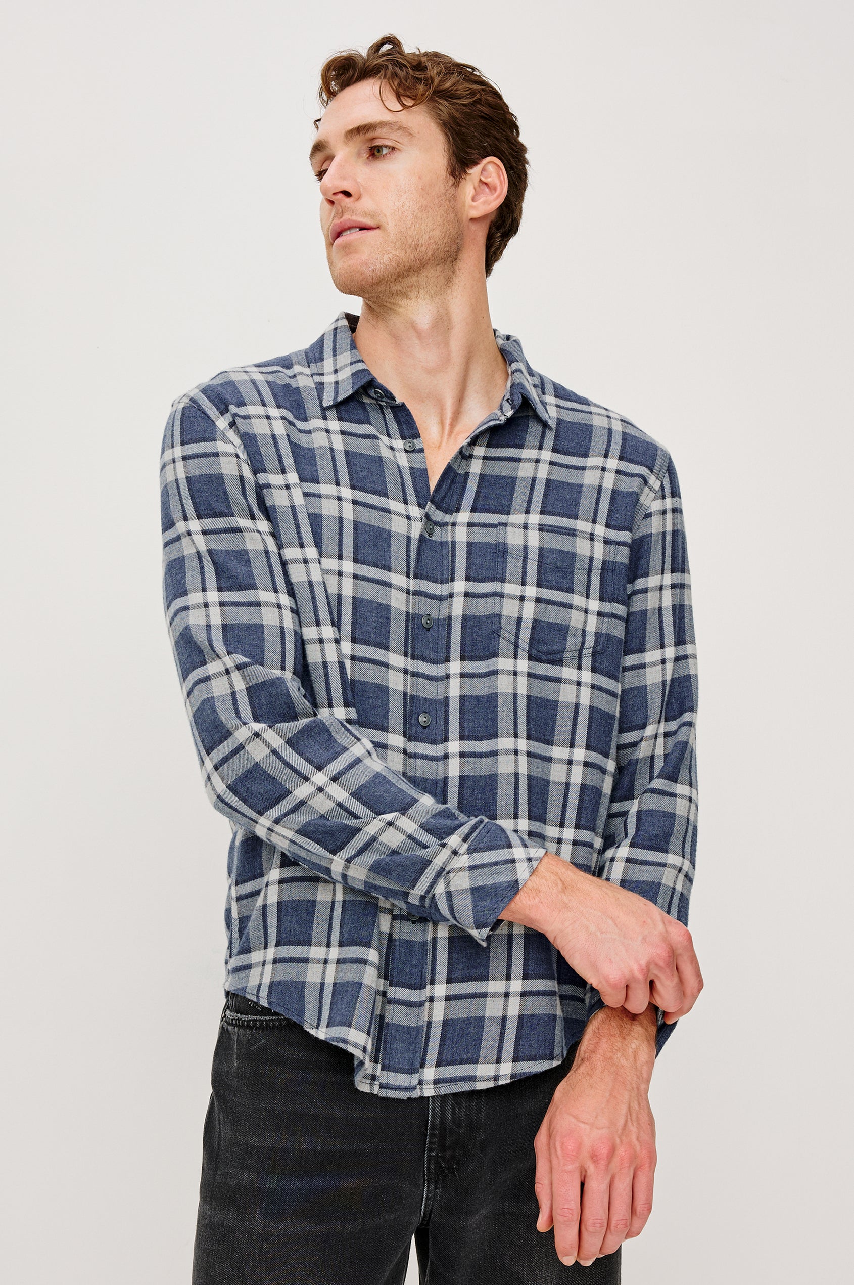 Lennox Long-Sleeve Button Up with a Chest Patch Pocket in Nocturen Shimmer Colorway. Front View Featured on model.