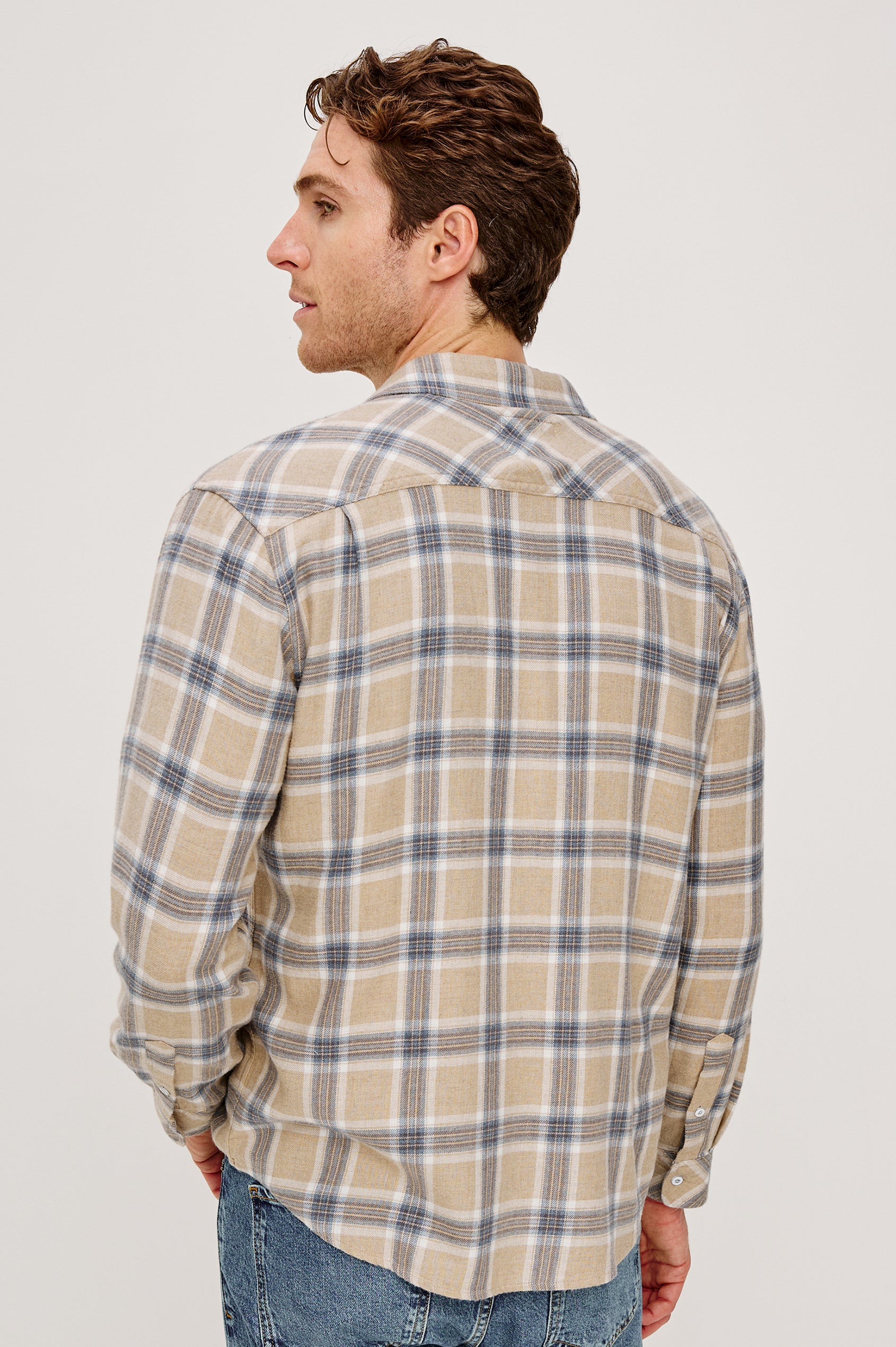 Lennox Long-Sleeve Button Up with a Chest Patch Pocket in Palamino Skyline Melange Colorway, a plaid in Palamino, Skyline and White - Back View Featured on Model