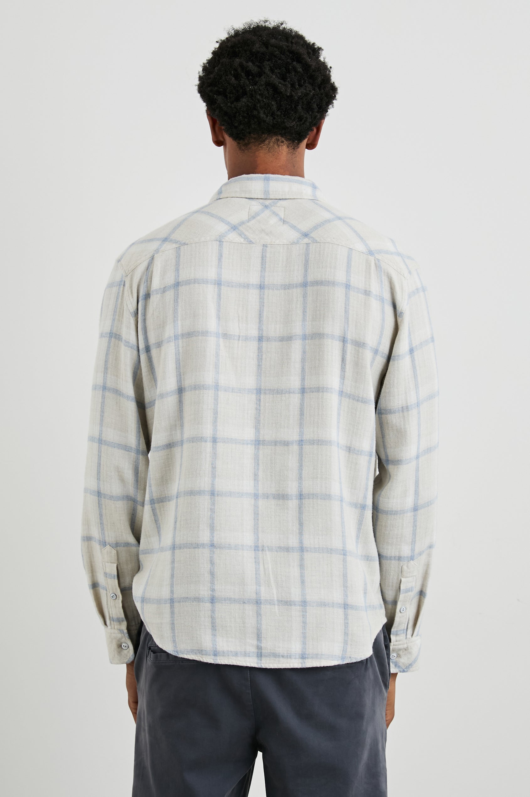 Lennox Long-Sleeve Button Up with a Chest Patch Pocket in Parchment Sky Melange Colorway, a plaid - Back View Featured on Model
