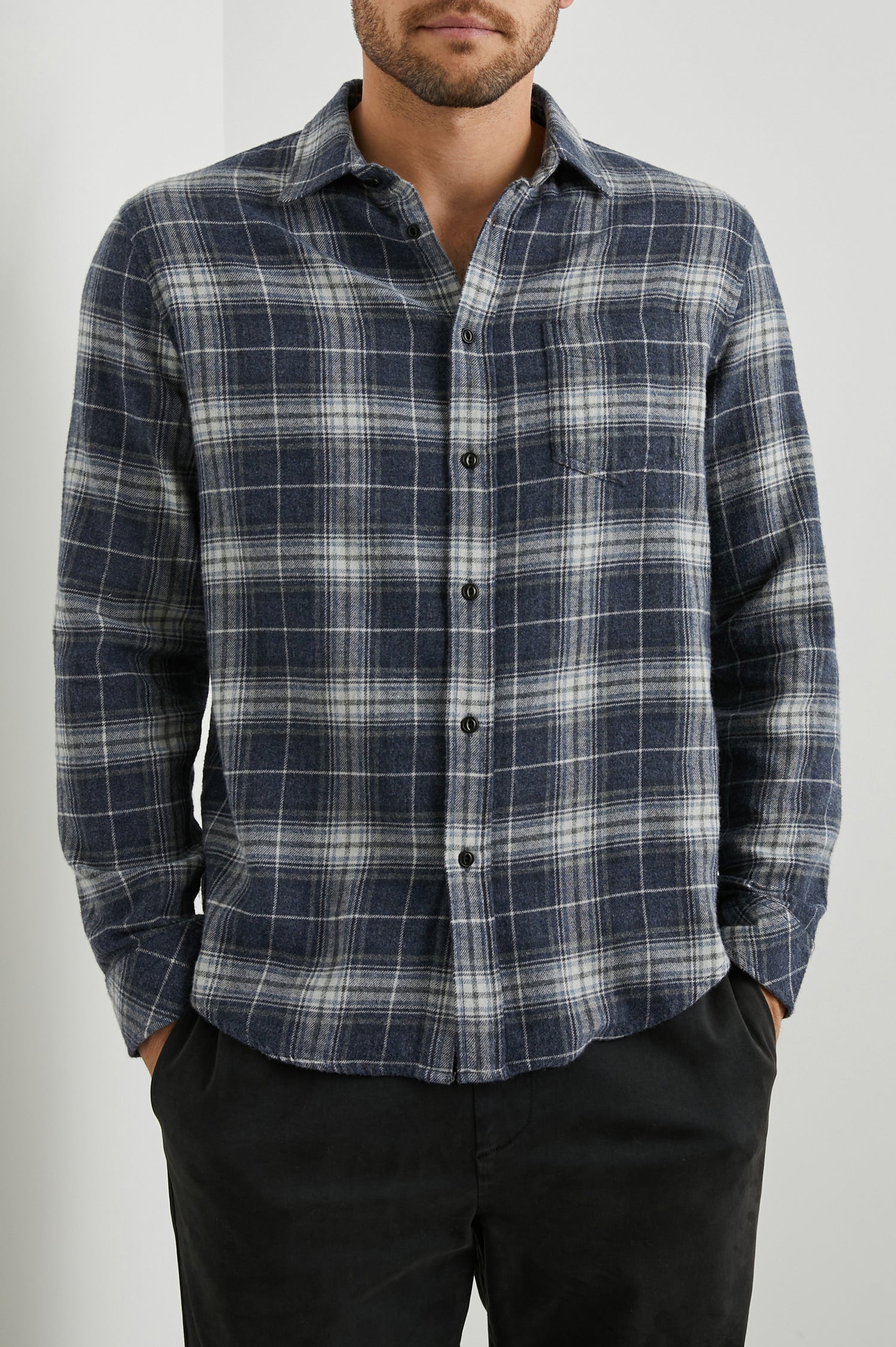 Lennox Long-Sleeve Button Up with a Chest Patch Pocket in Shadow Ether Melange Colorway, a plaid in Blue, Grey and Cream - Front View Featured on Model