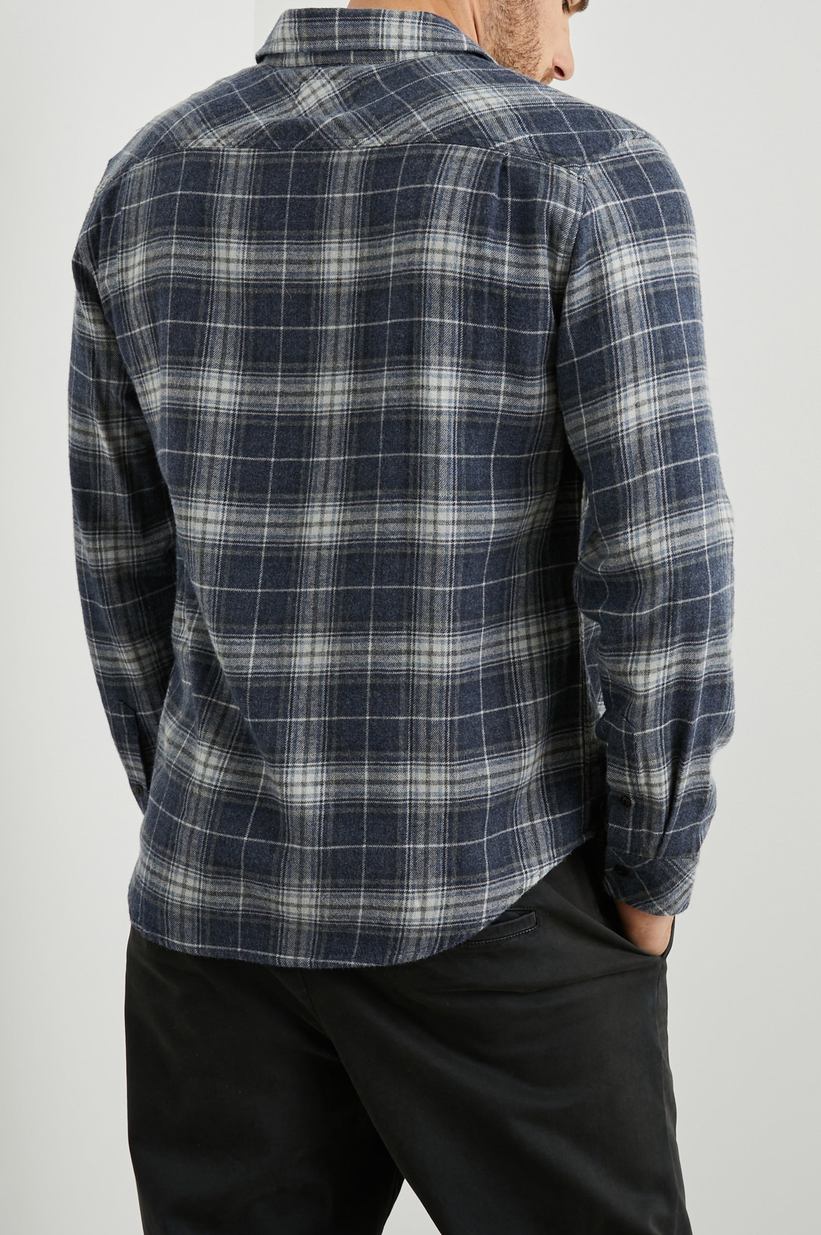 Lennox Long-Sleeve Button Up with a Chest Patch Pocket in Shadow Ether Melange Colorway, a plaid in Blue, Grey and Cream - Back View Featured on Model