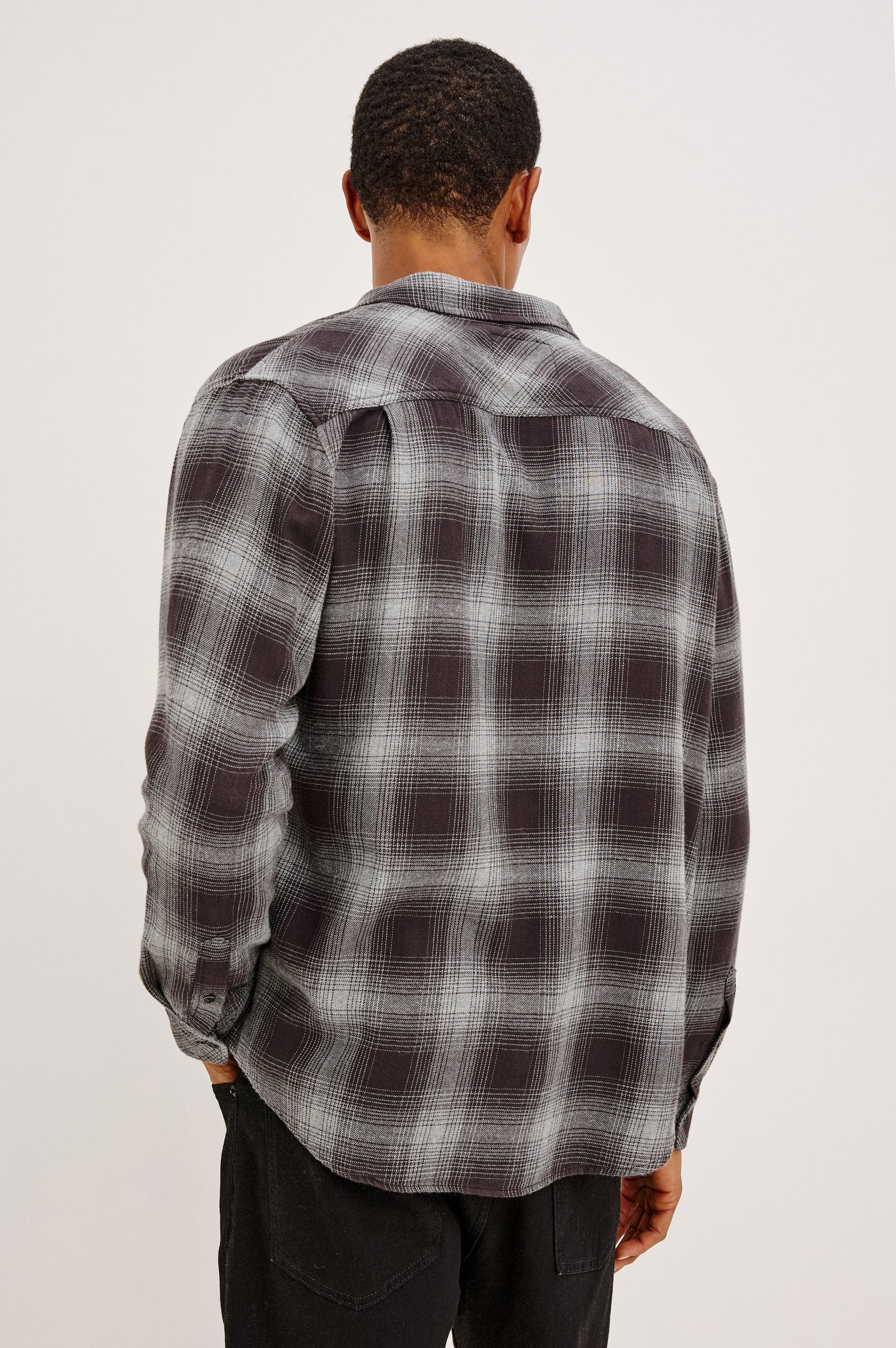 Lennox Plaid Shirt in Double-Brushed Cotton With Relaxed Fit, Spread Collar, Classic Fit, Chest Pocket, Button Front, and Shirttail Hem in Silver Obsidian Colorway - Upper Body Back View Featured on Model