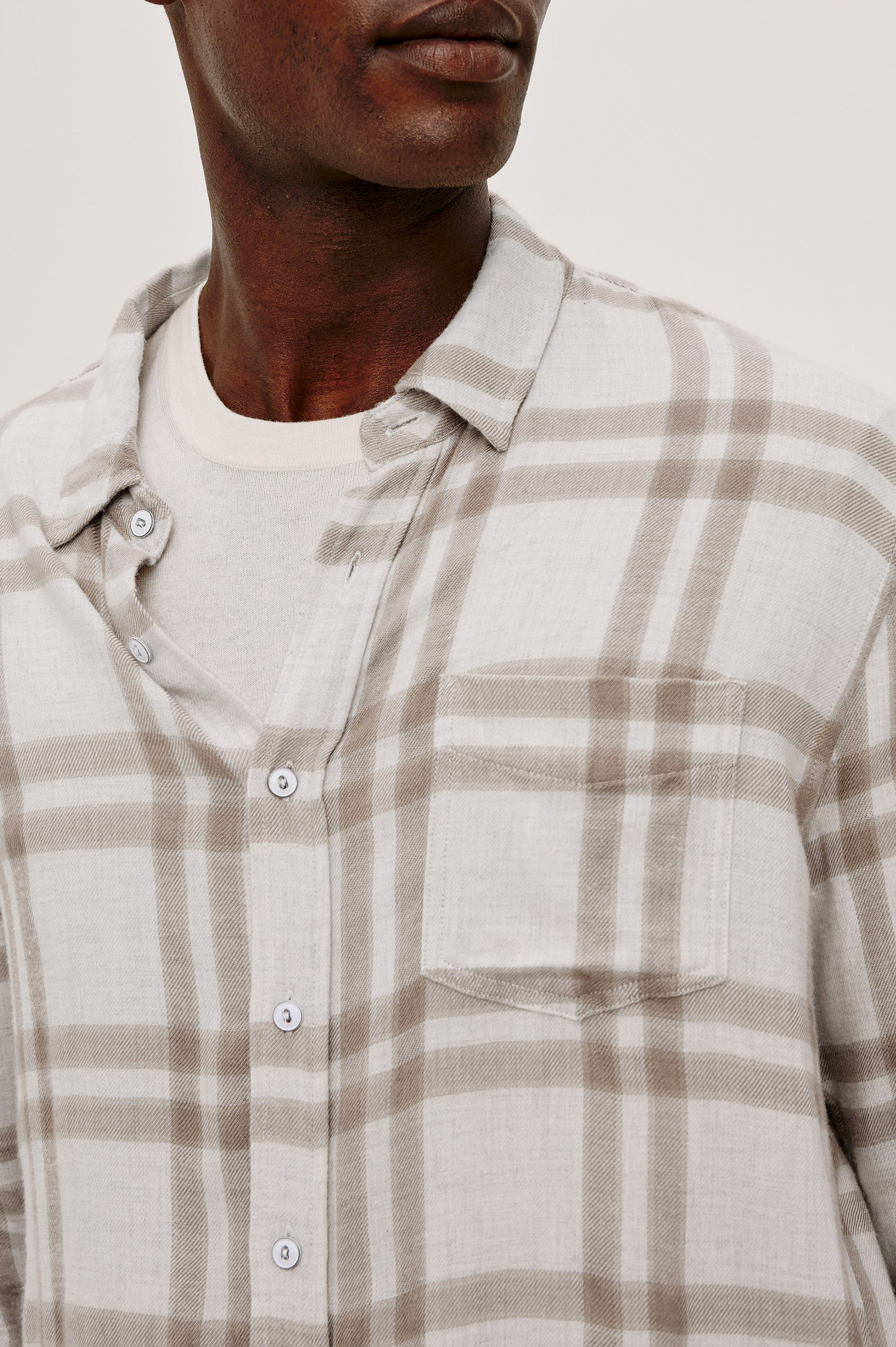 Lennox Plaid Shirt in Double-Brushed Cotton With Relaxed Fit, Spread Collar, Chest Pocket, Button Front, and Shirttail Hem in Tawny Cloud Heather Colorway - Upper Body Front View Featured on Model