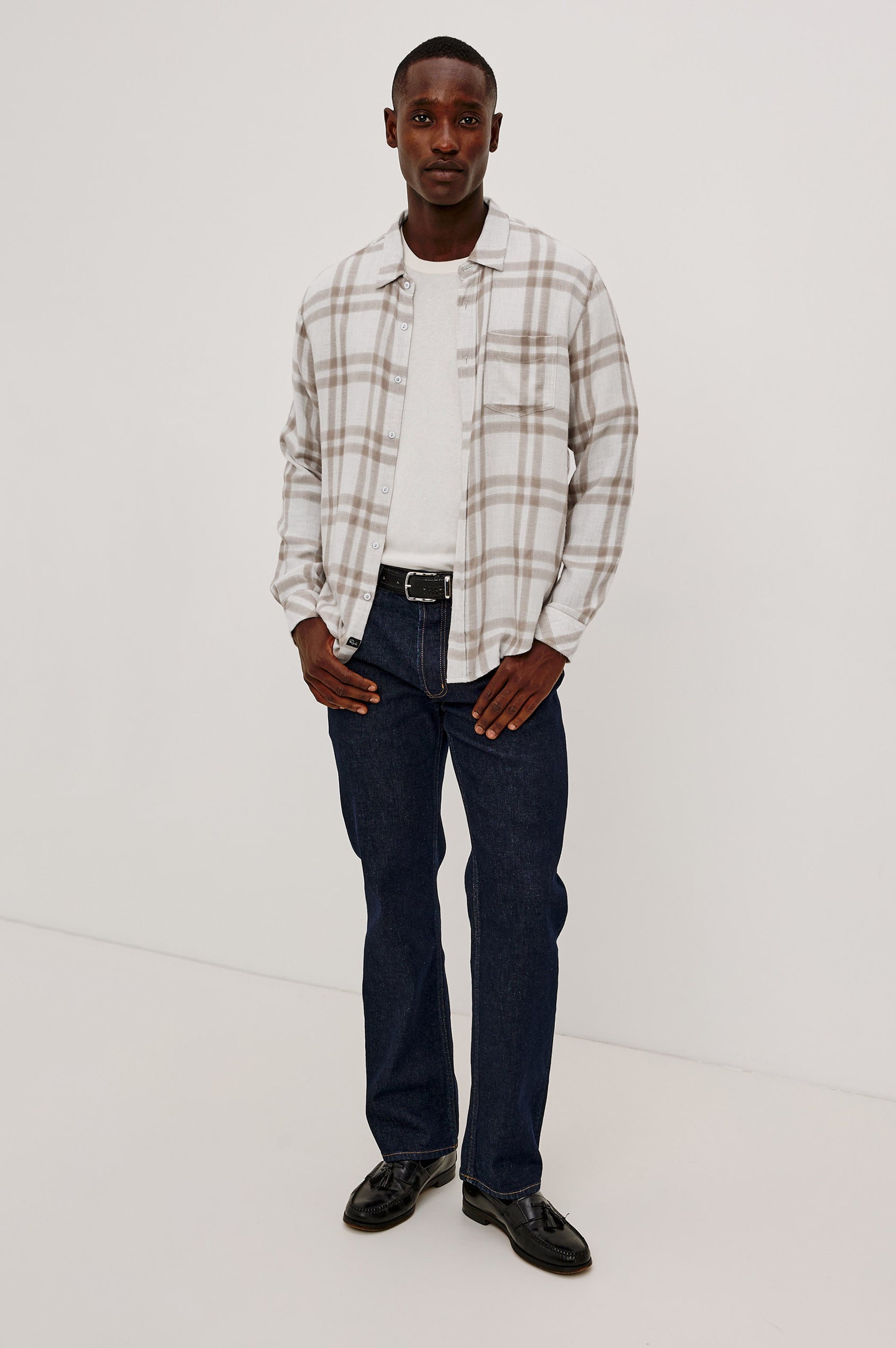 Lennox Plaid Shirt in Double-Brushed Cotton With Relaxed Fit, Spread Collar, Chest Pocket, Button Front, and Shirttail Hem in Tawny Cloud Heather Colorway - Full Body Front View Featured on Model