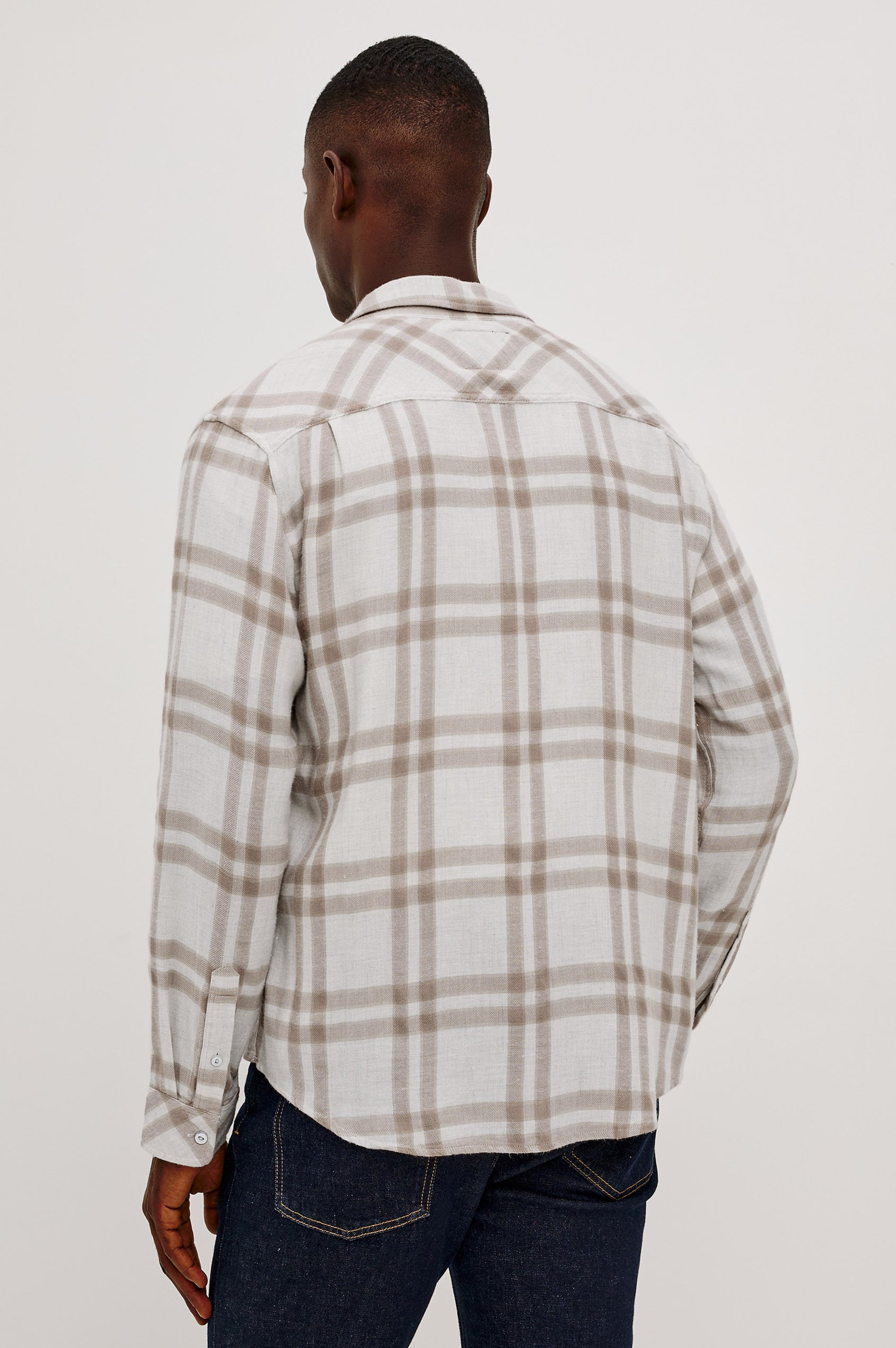 Lennox Plaid Shirt in Double-Brushed Cotton With Relaxed Fit, Spread Collar, Chest Pocket, Button Front, and Shirttail Hem in Tawny Cloud Heather Colorway - Upper Body Back View Featured on Model