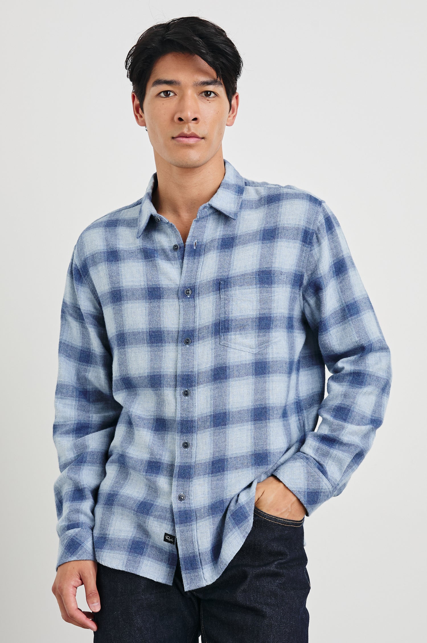 Lennox Long-Sleeve Button Up with a Chest Patch Pocket in Waterfall Shadow Colorway, a plaid in blues - Front View Featured on Model