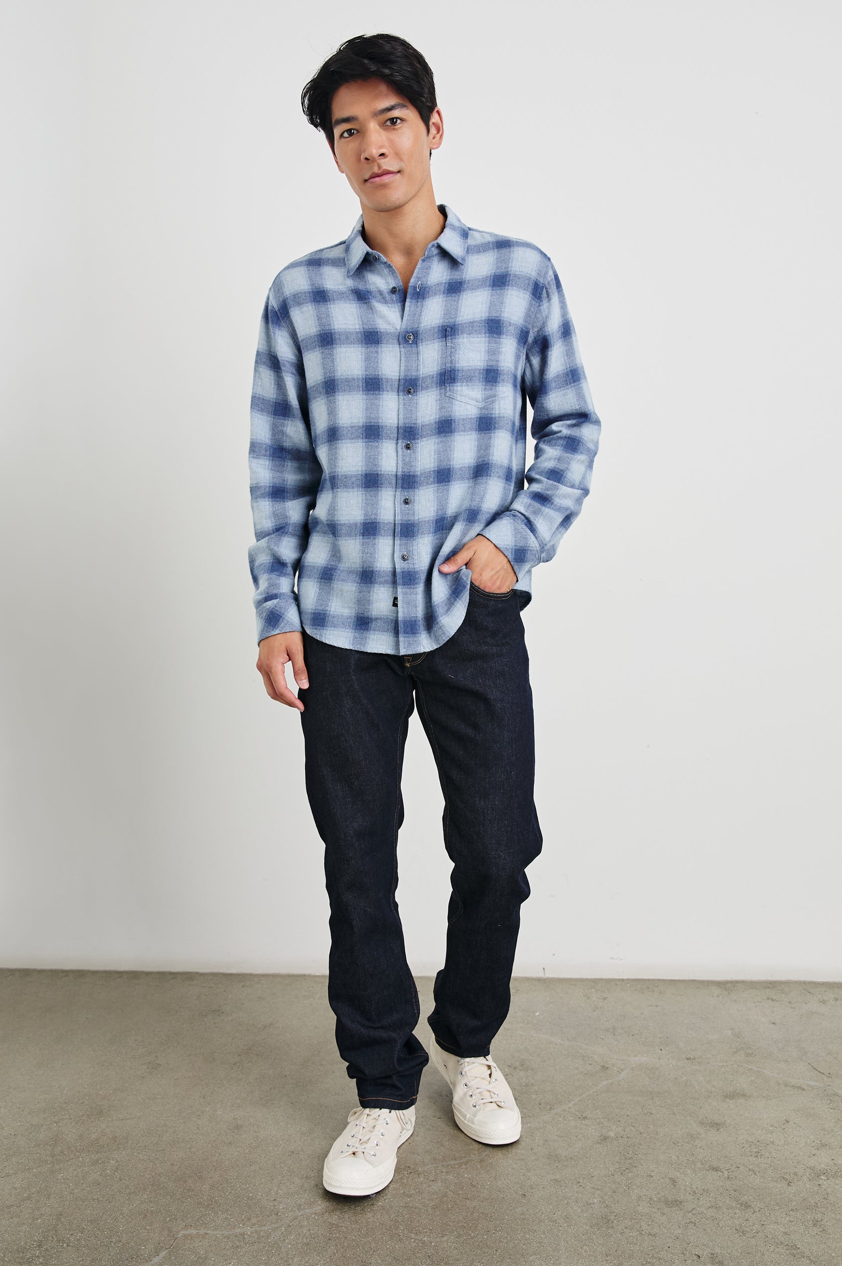 Lennox Long-Sleeve Button Up with a Chest Patch Pocket in Waterfall Shadow Colorway, a plaid in blues - Front Full Body View Featured on Model