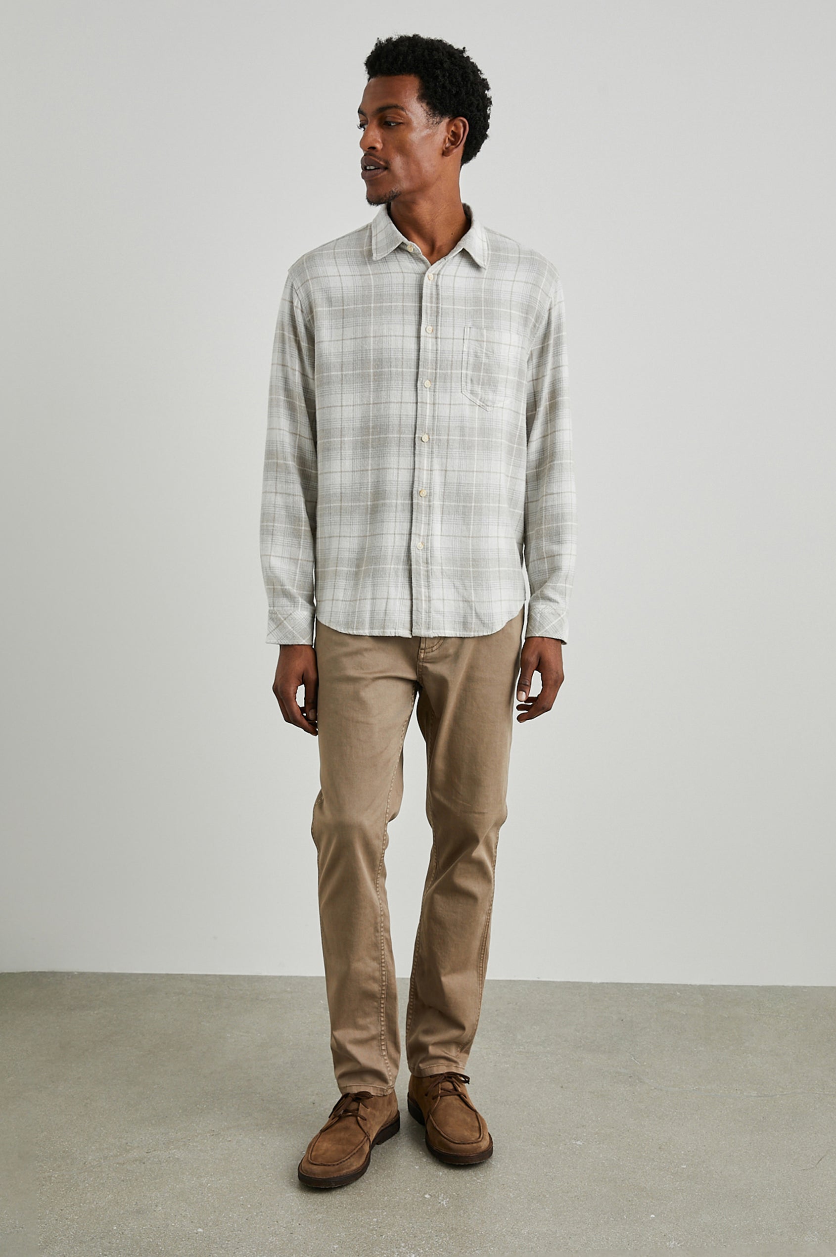 Lennox Long-Sleeve Button Up with a Chest Patch Pocket in Wheat Dove Melange Colorway, a plaid in Tan, White and Grey - Front Full Body View Featured on Model