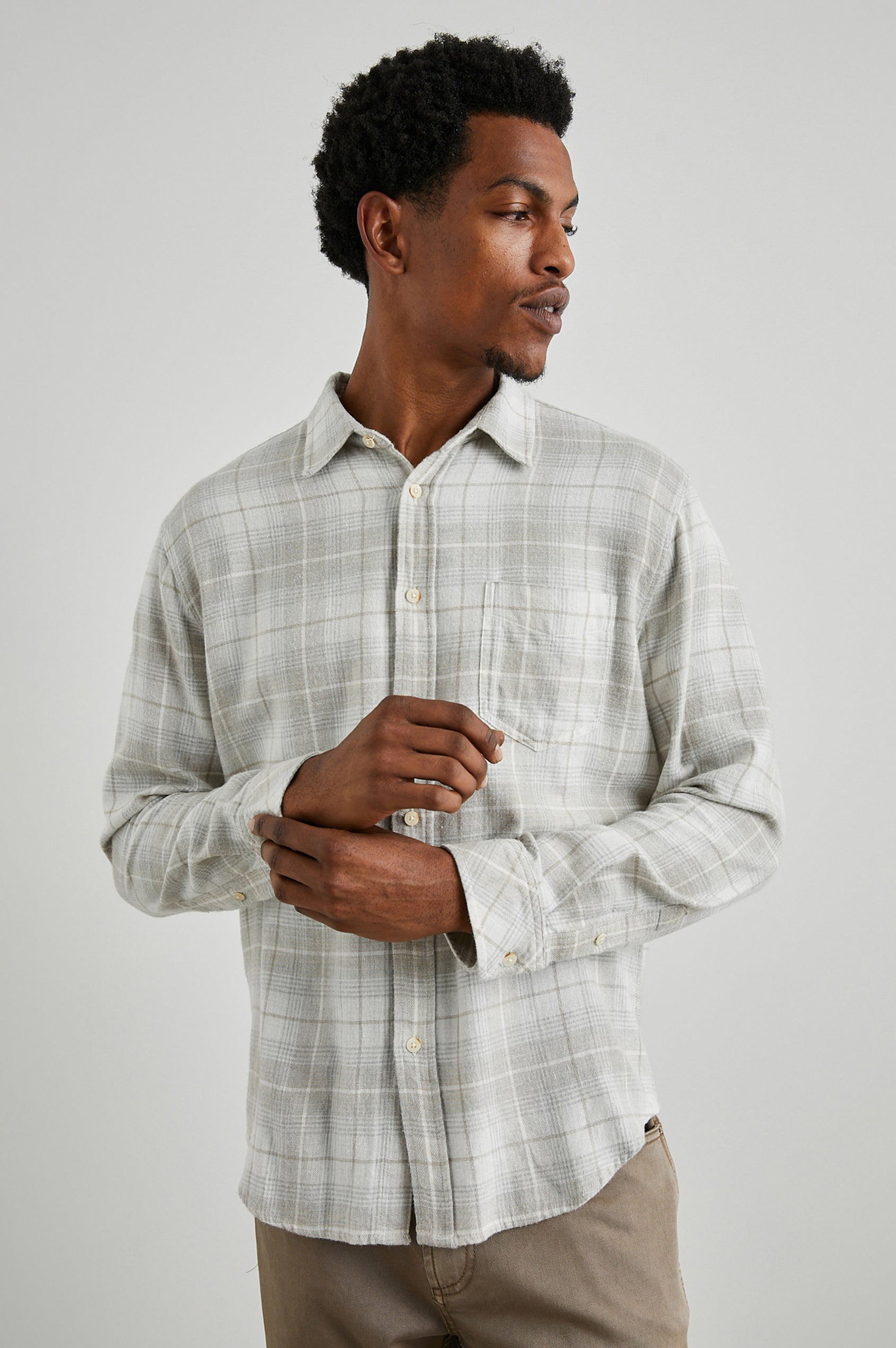 Lennox Long-Sleeve Button Up with a Chest Patch Pocket in Wheat Dove Melange Colorway, a plaid in Tan, White and Grey - Front View Featured on Model