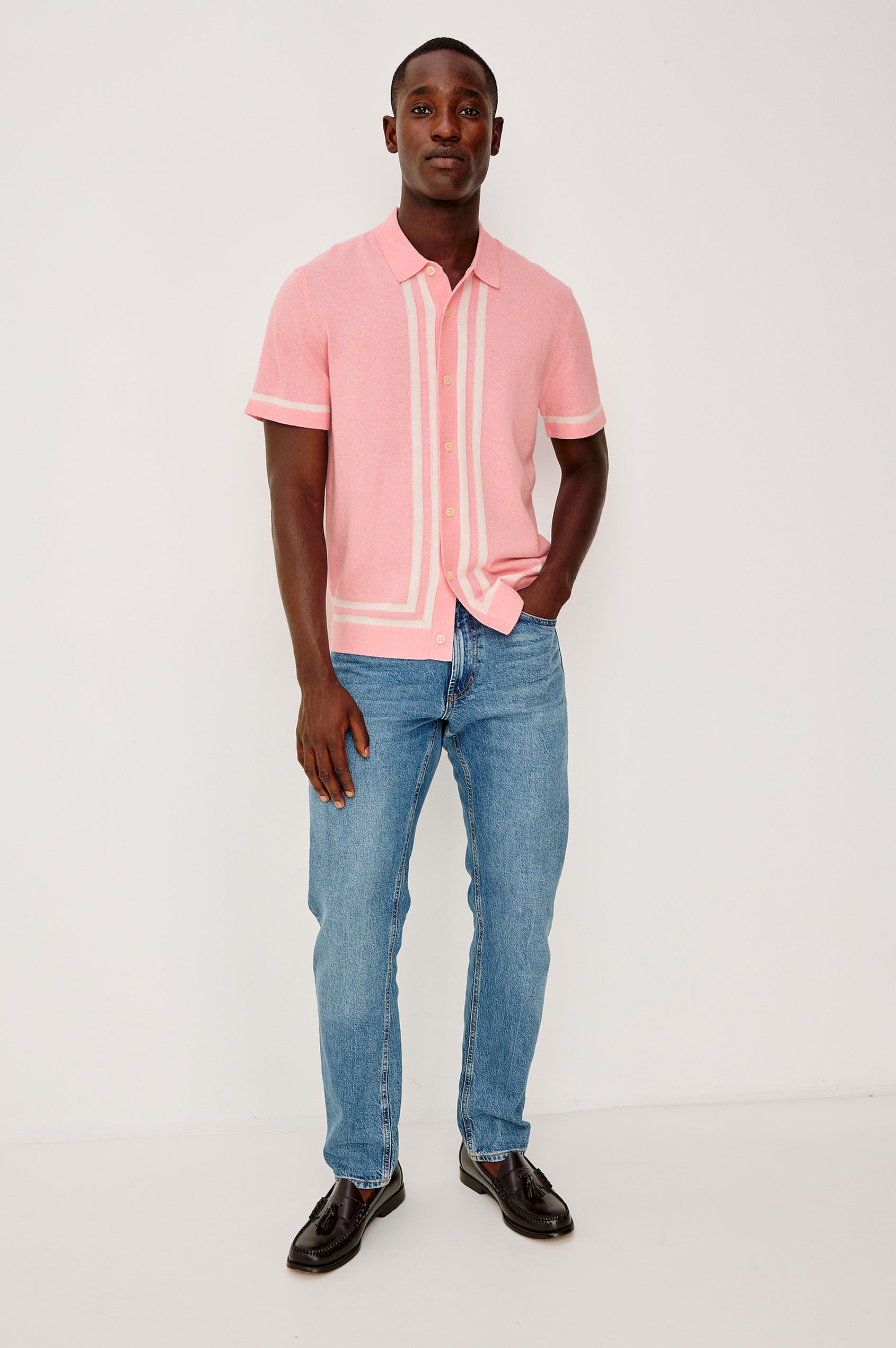 Leo Sweater Polo in Yarn-Dyed Cotton Blend Knit With Collar, Front Buttons, Short Sleeves, and Classic Fit in Rose Melange Colorway - Full Body Front View Featured on Model