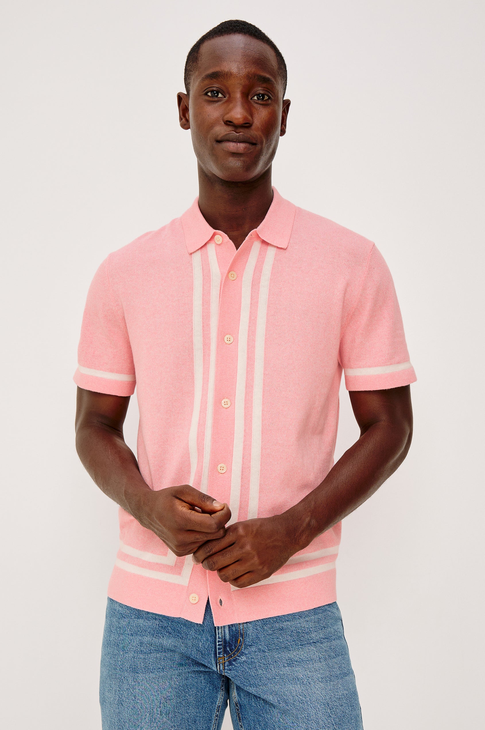 Leo Sweater Polo in Yarn-Dyed Cotton Blend Knit With Collar, Front Buttons, Short Sleeves, and Classic Fit in Rose Melange Colorway - Upper Body Front View Featured on Model