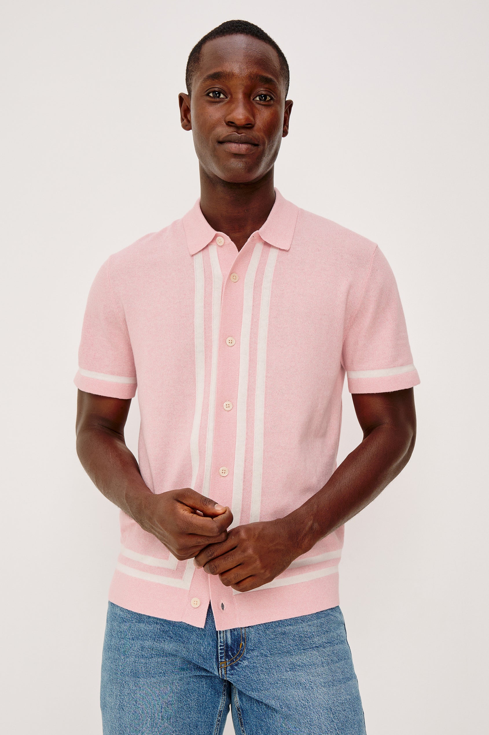Leo Sweater Polo in Yarn-Dyed Cotton Blend Knit With Collar, Front Buttons, Short Sleeves, and Classic Fit in Rose Melange Colorway - Upper Body Front View Featured on Model