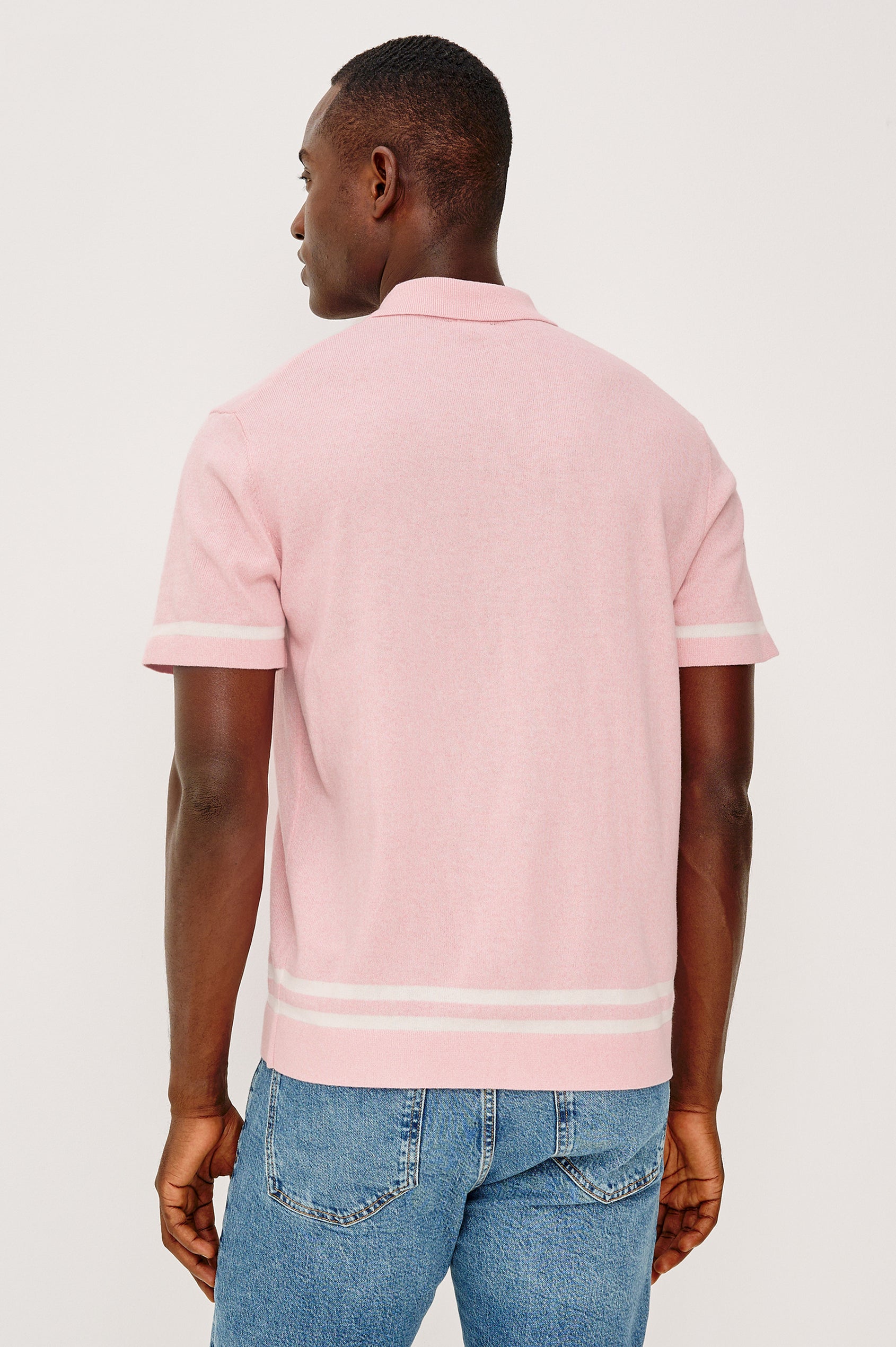 Leo Sweater Polo in Yarn-Dyed Cotton Blend Knit With Collar, Front Buttons, Short Sleeves, and Classic Fit in Rose Melange Colorway - Upper Body Back View Featured on Model