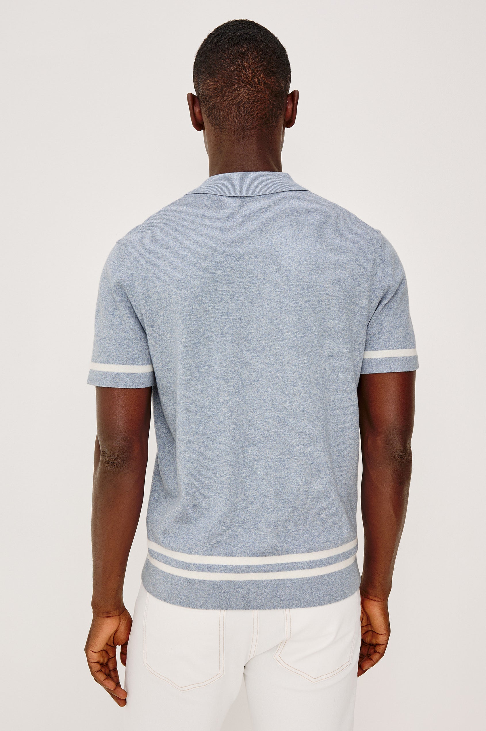 Leo Sweater Polo in Yarn-Dyed Cotton Blend Knit With Collar, Front Buttons, Short Sleeves, and Classic Fit in Sky White Colorway - Upper Body Back View Featured on Model