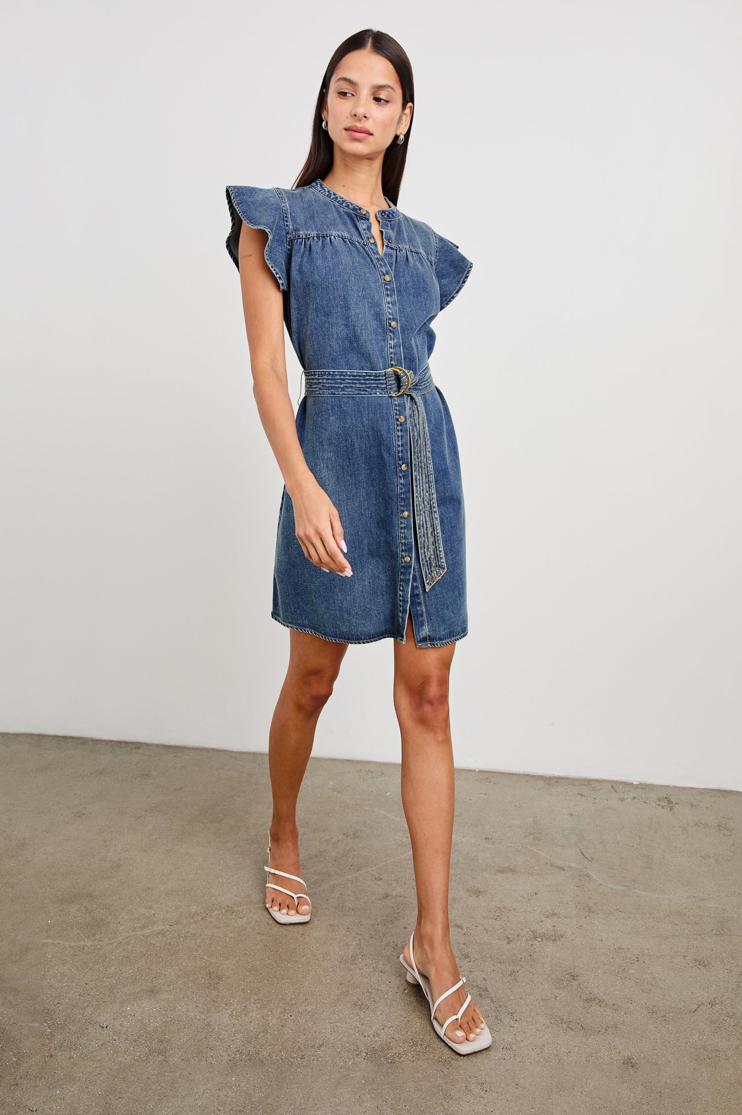 Letta Above-Knee Dress with Flutter Sleeves, Snaps down the Front, and a Belted Waist in Classic Blue Colorway - Front Full Body View Featured on Model 