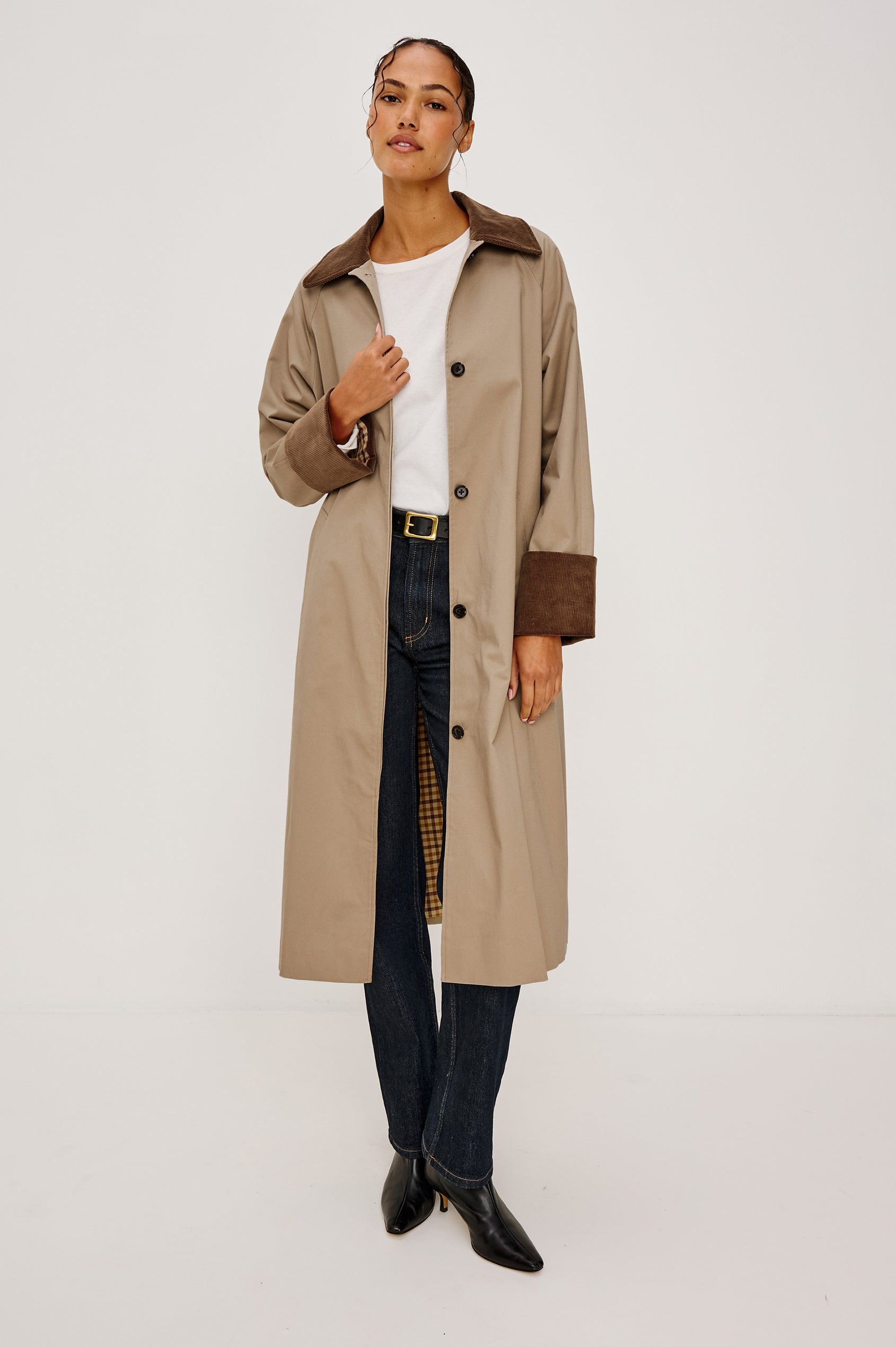 Levy Longline Coat in Twill With Dropped Shoulders, Contrast Corduroy Collar and Long Sleeves With Rolled Cuffs, Hidden Front Placket, Side Pockets, Plaid Lining, and Back Vent Slit in Raisin Colorway - Full Body Front View Featured on Model