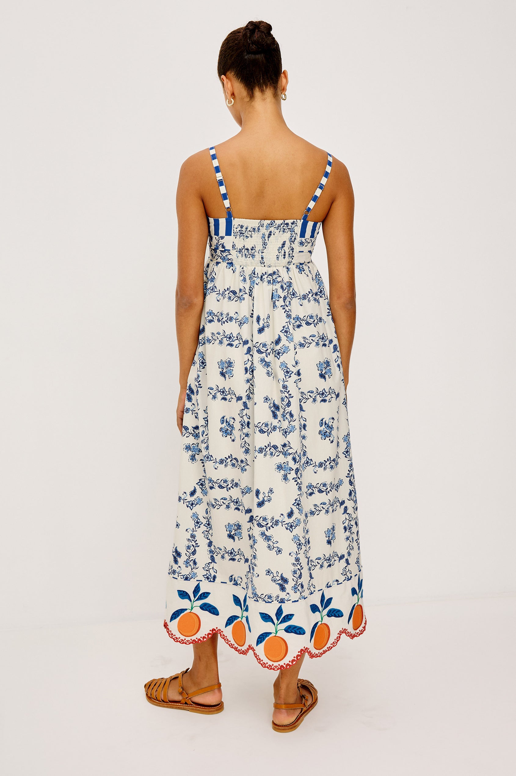Lexie Maxi Dress in Cotton Poplin With Adjustable Shoulder Straps, Empire Waist, Piped Detailing, Orange Embroidery and Eyelet Hem, and is Fully Lined -