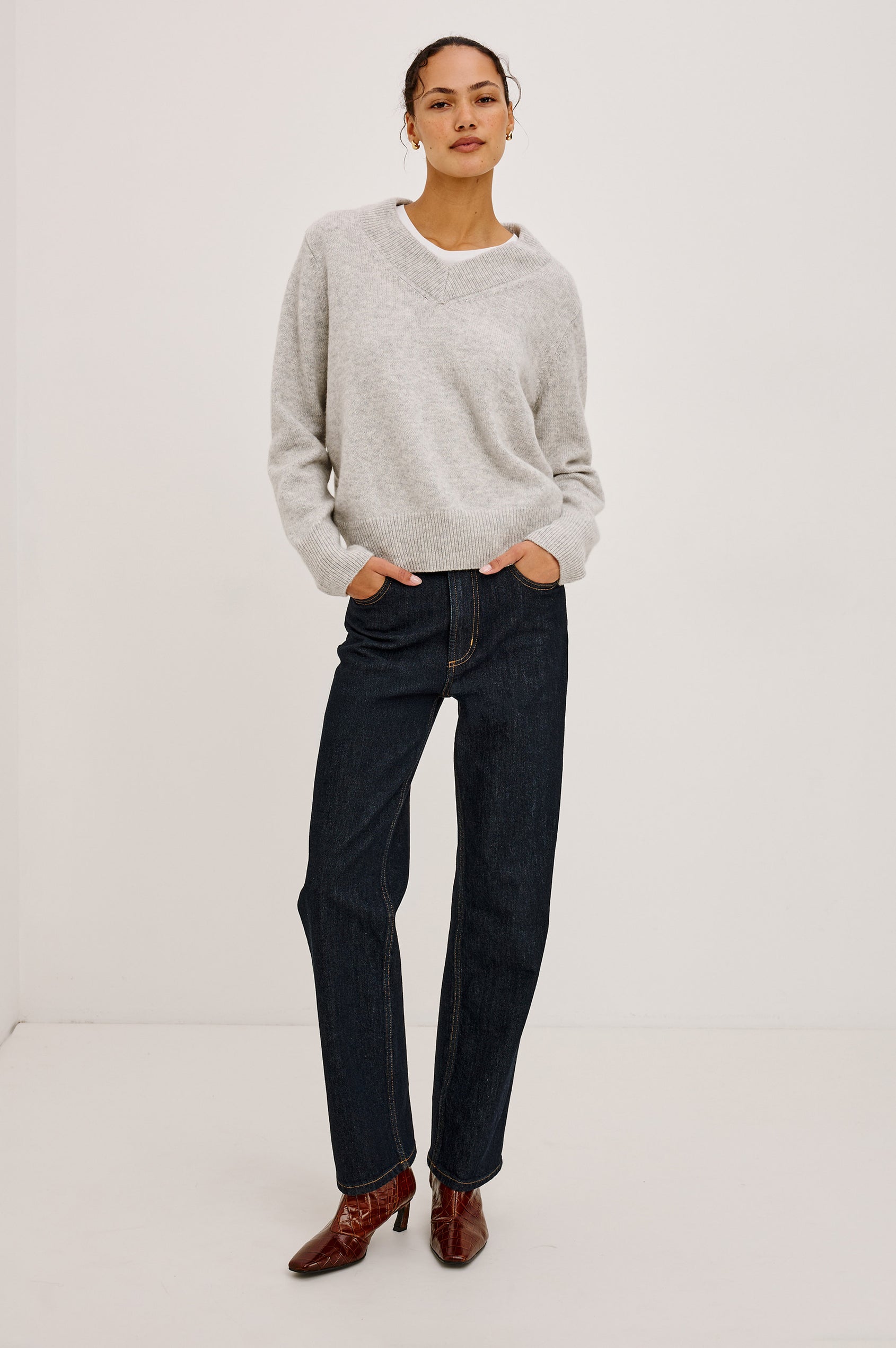 Lidya Sweater in Wool-Cashmere Knit Blend With V-Neckline, Loose Relaxed Fit, Long Sleeves, and Ribbed Trim in Heather Grey Colorway - Full Body Front View Featured on Model