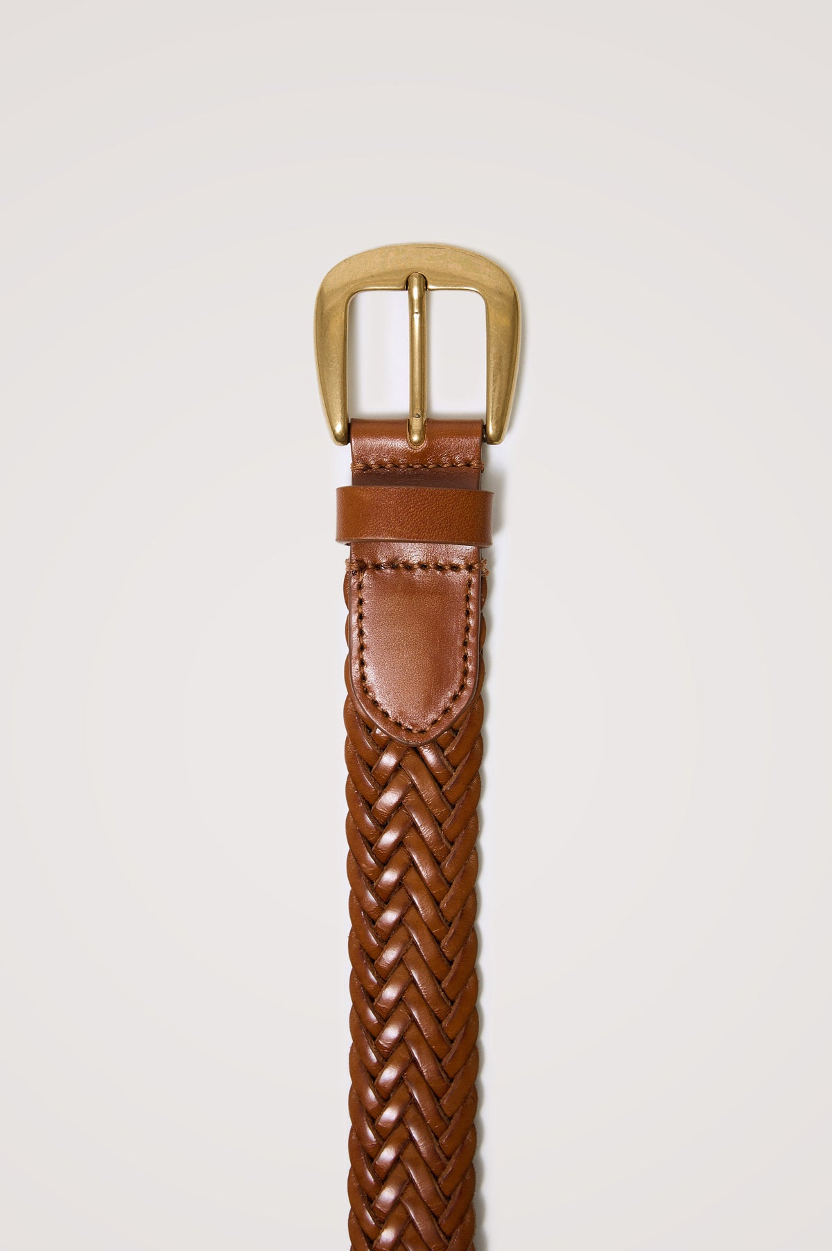 Liguria Belt in Woven Leather With Buckle Closure in Woven Brown Gold Colorway - Top Product View Featured