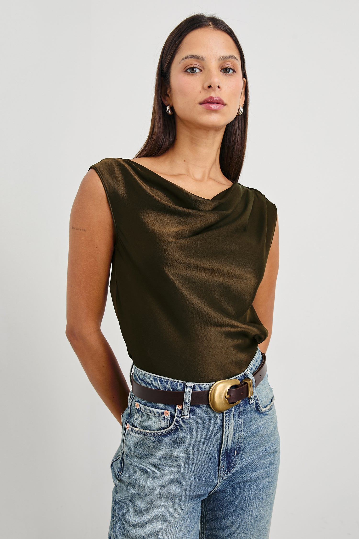 Lilly Sleeveless Top with a Cowl Neckline in Dark Moss Colorway - Front View Featured on Model