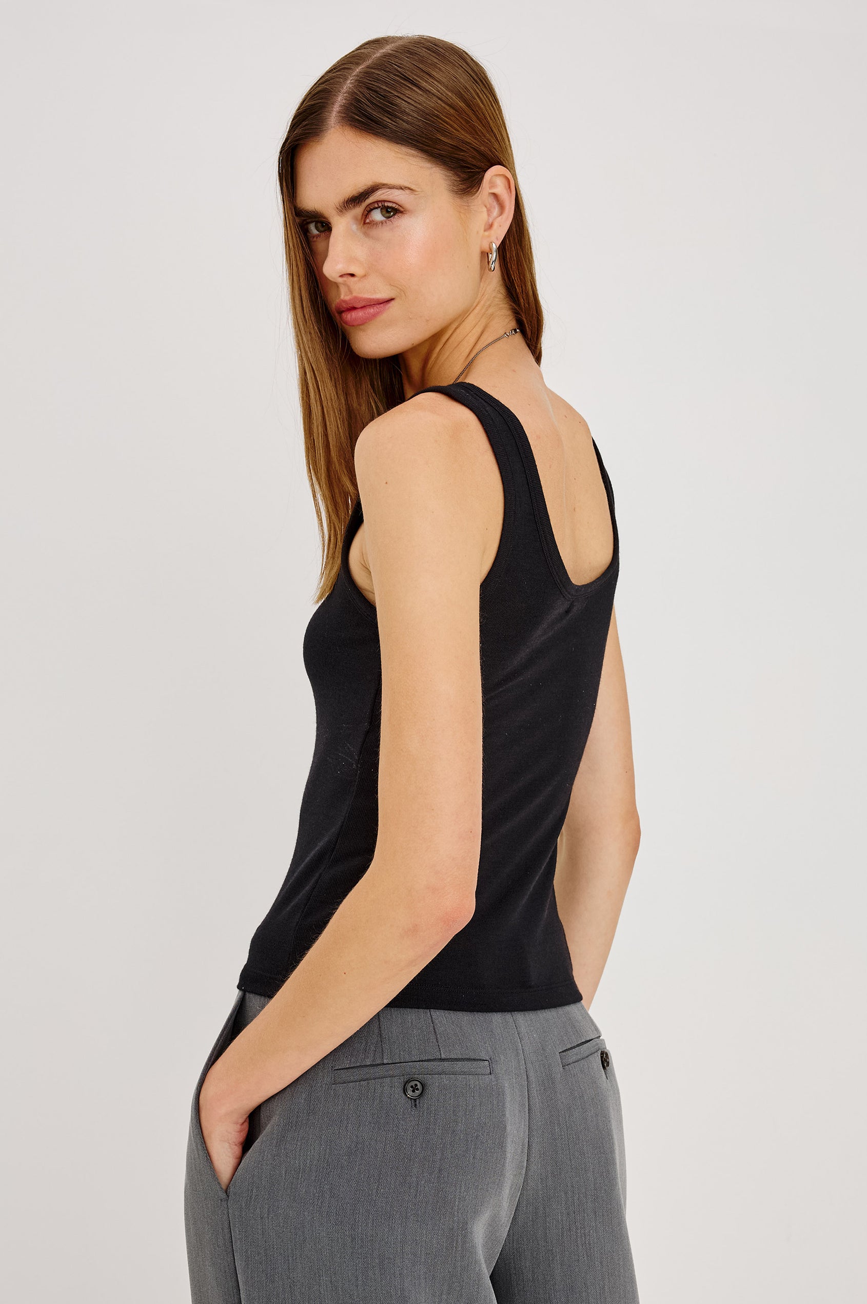 UpperLina Top in Brushed Tissue Jersey With Scoop Neck and Fitted Silhouette in Black Colorway - Upper Body Back View Featured on Model