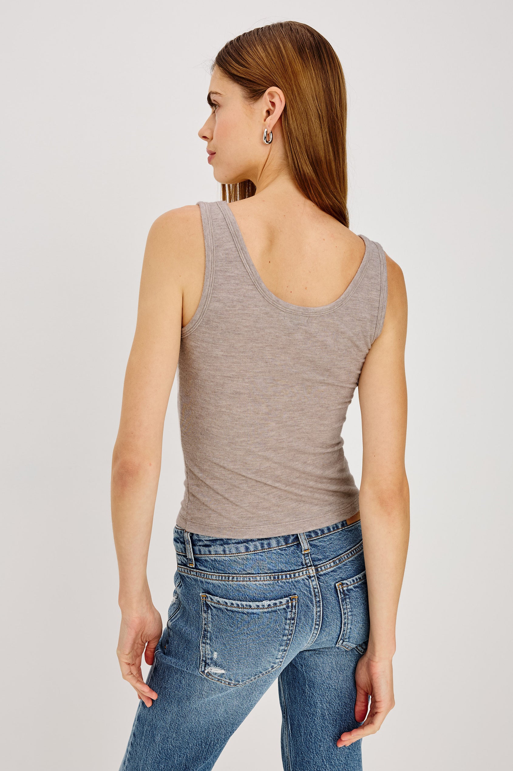 Lina Top in Brushed Tissue Jersey With Scoop Neck and Fitted Silhouette in Heather Oatmeal Colorway - Upper Body Back View Featured on Model