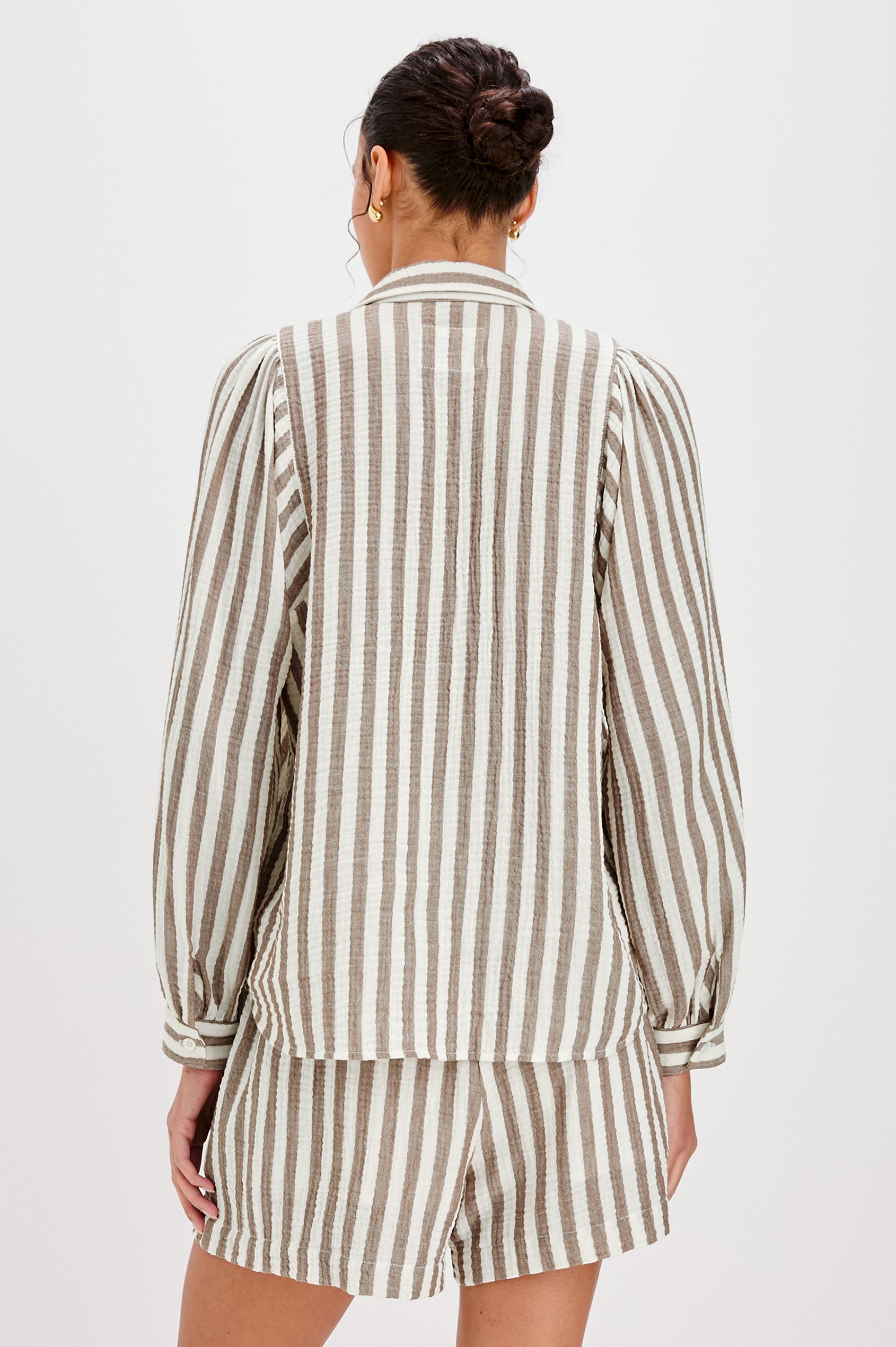 Lo V-Neck Collared Button Front Shirt with Long Sleeves in Brown and Cream Milos Stripe Colorway. Back  View Shown on Model.