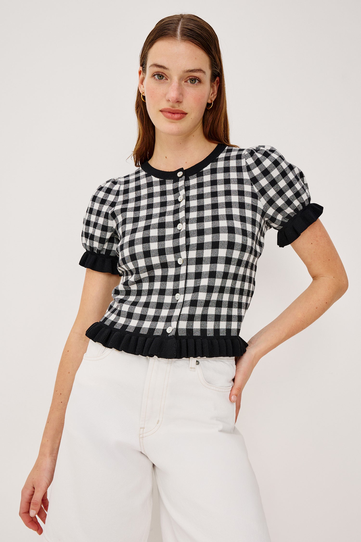 Lora Top in Wool Blend With Front Buttons Short Puff Sleeves Ruffle Trim and Classic Fit in Black White Gingham Colorway - Upper Body Front View Featured on Model