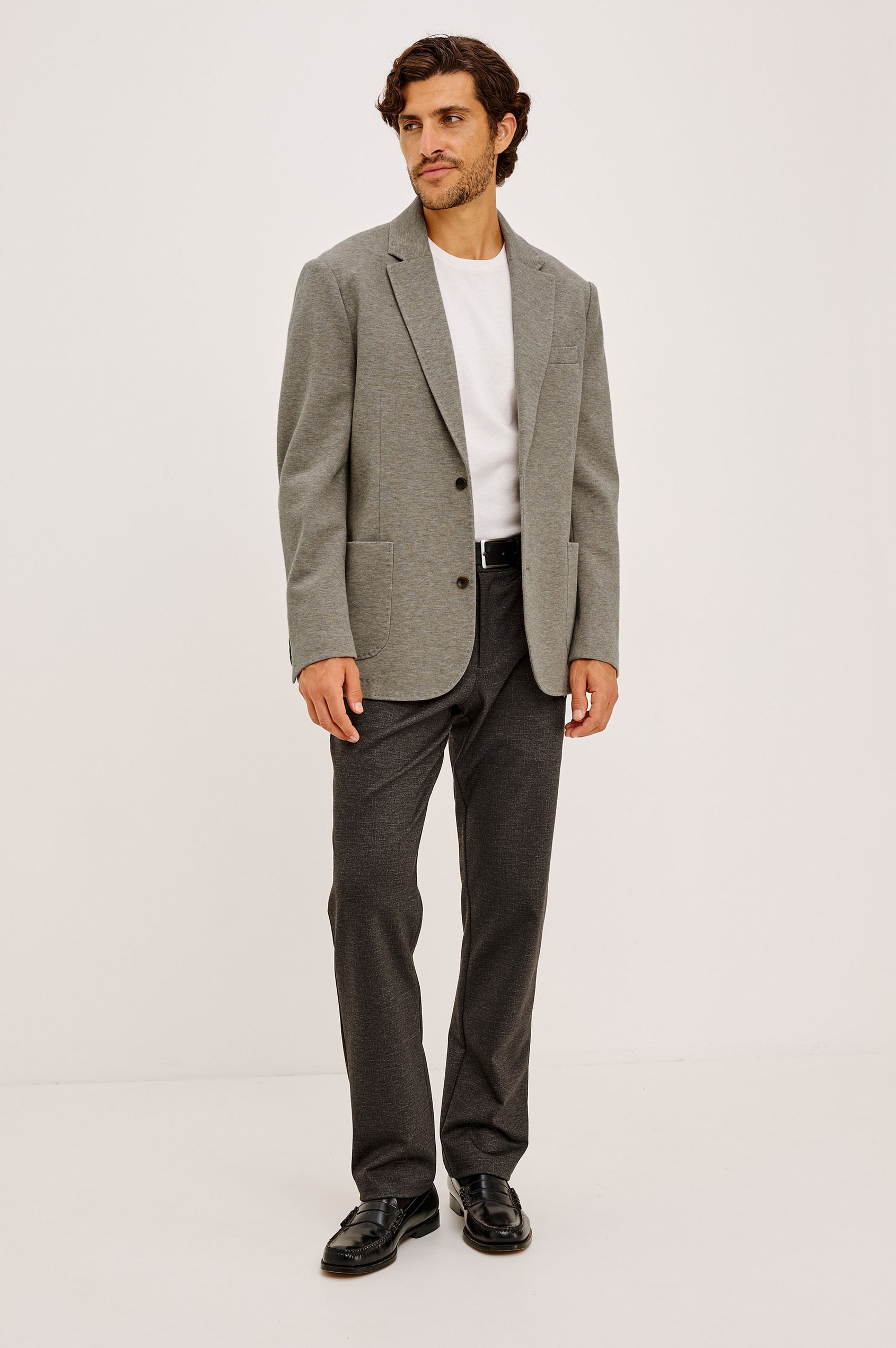 Lorenz Blazer in Ponte Jersey With Single-Breasted Design, Relaxed Fit, Jersey Lining, Notched Lapels, Chest Welt Pocket, Side Patch Pockets, Button-Cuff Long Sleeves, and Double Back Vents in Walnut Heather Colorway - Full Body Front View Featured on Model