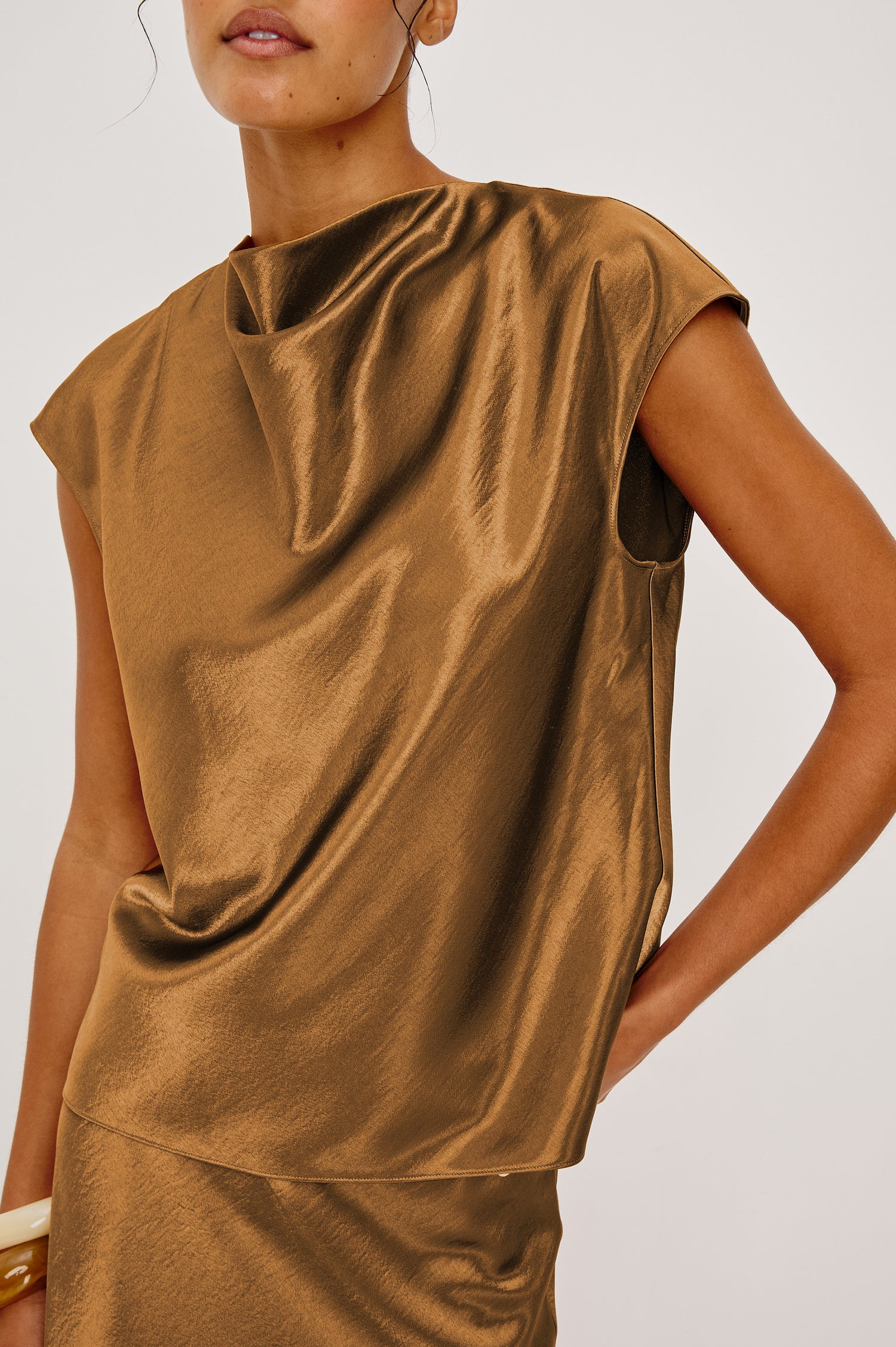 Loretta Top in Satin Back Crepe With a Loose Fit, Cowl Neckline, Cap Sleeves, and a Back Keyhole Button Cutout Ginger Colorway - Upper Body Close Up Front View Featured on Model