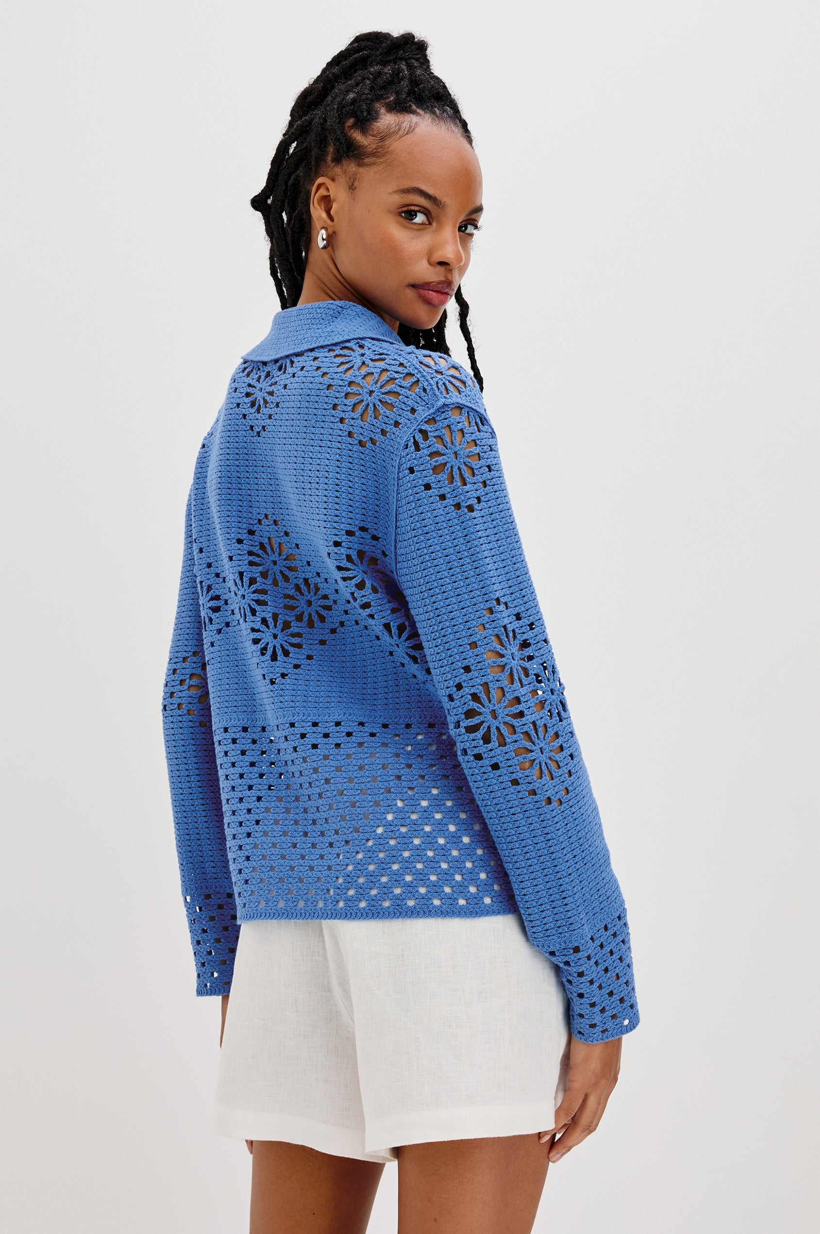Louiza Collared V-Neck Top with Long Sleeves in French Blue Colorway. Back View Shown on Model.