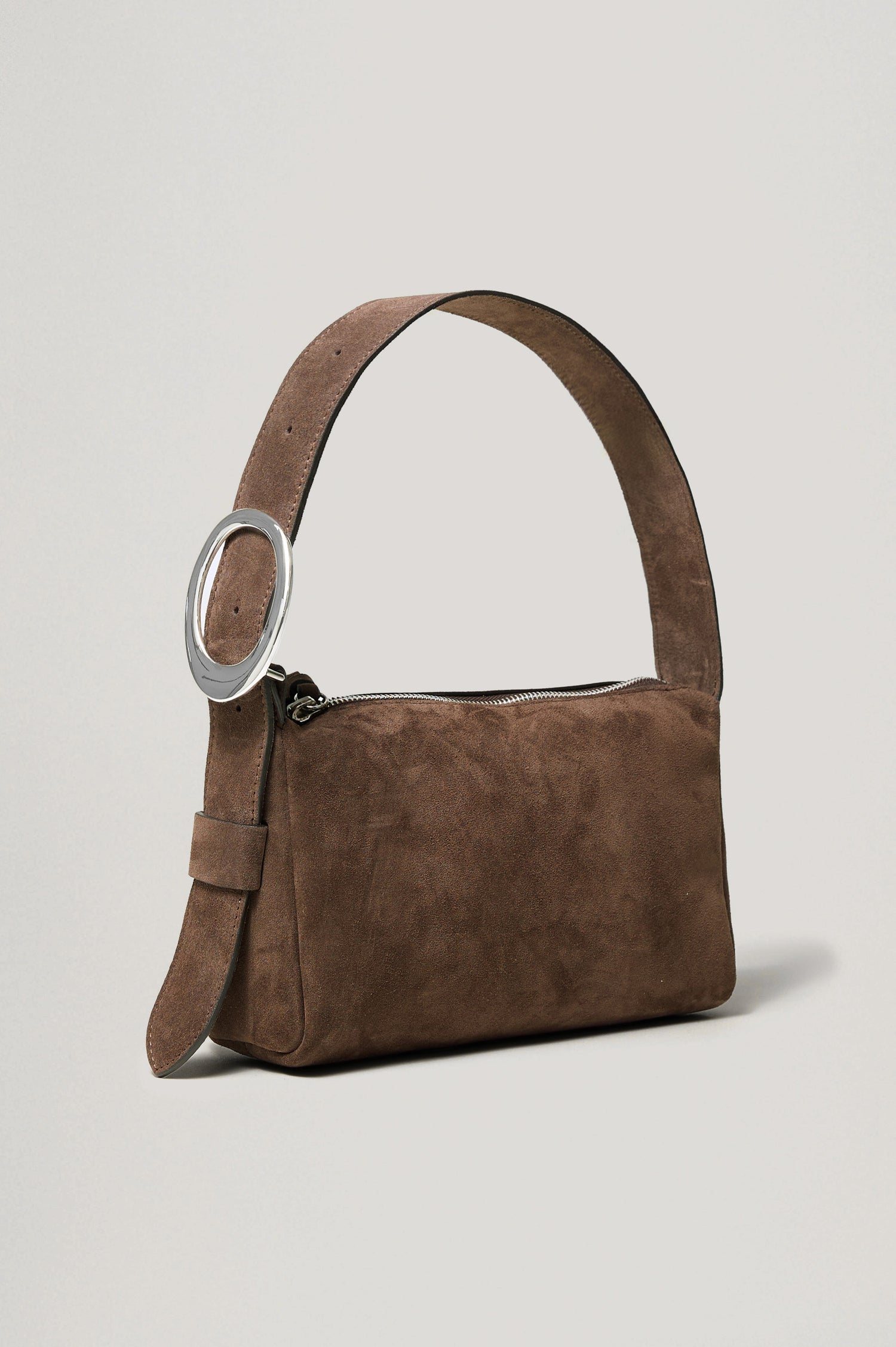 Lucca Shoulder Bag in Suede With Adjustable Strap and Polished Silver Buckle, Microsuede Lining, and Snap Button Interior Slip Pocket in Espresso Suede Colorway - Side View Featured