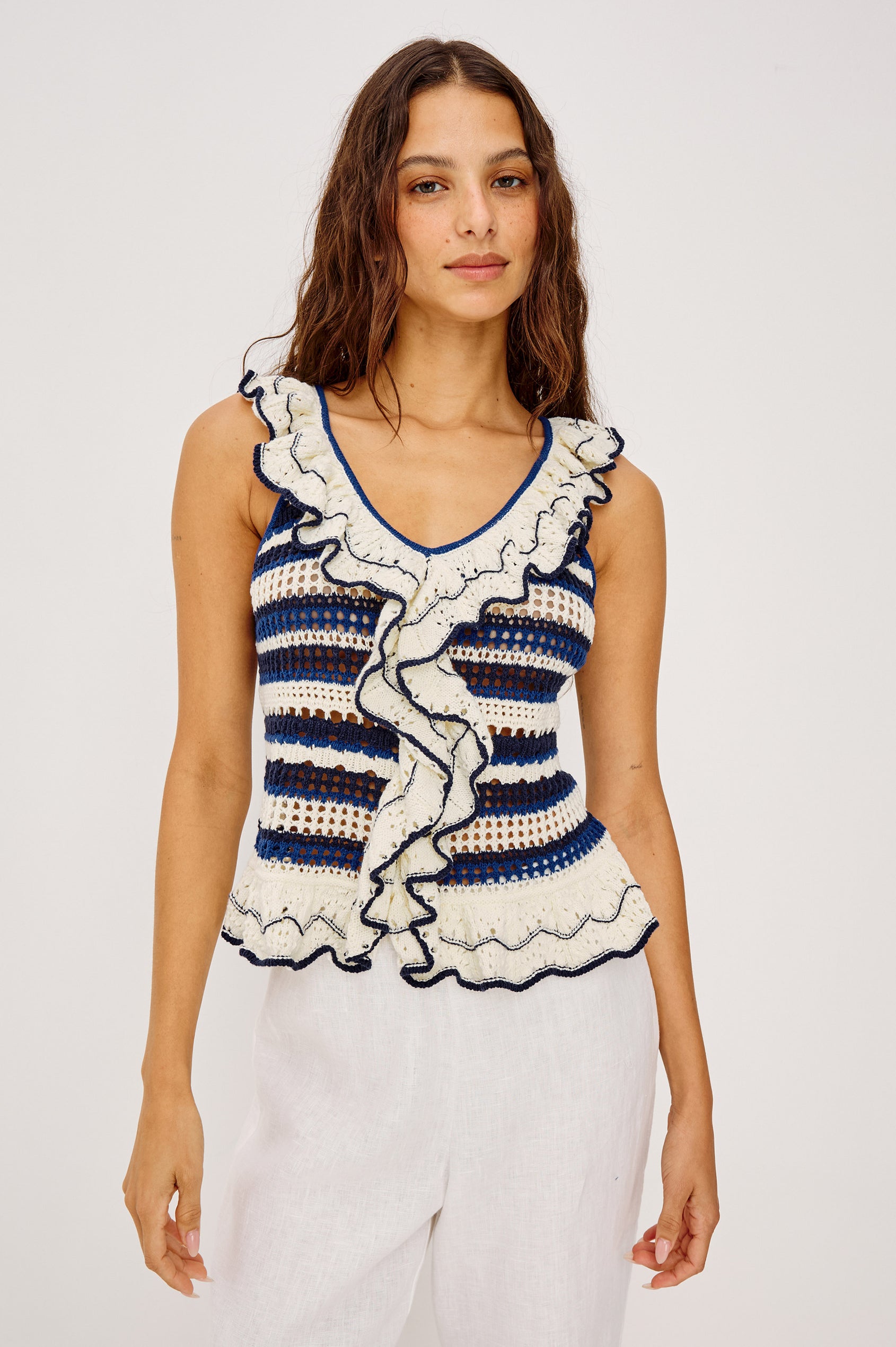 Luci Top in Cotton Blend Knit With Ruffled Trim, Relaxed Fit, and Peplum Hem in Crete Stripe Colorway - Upper Body Front View Featured on Model