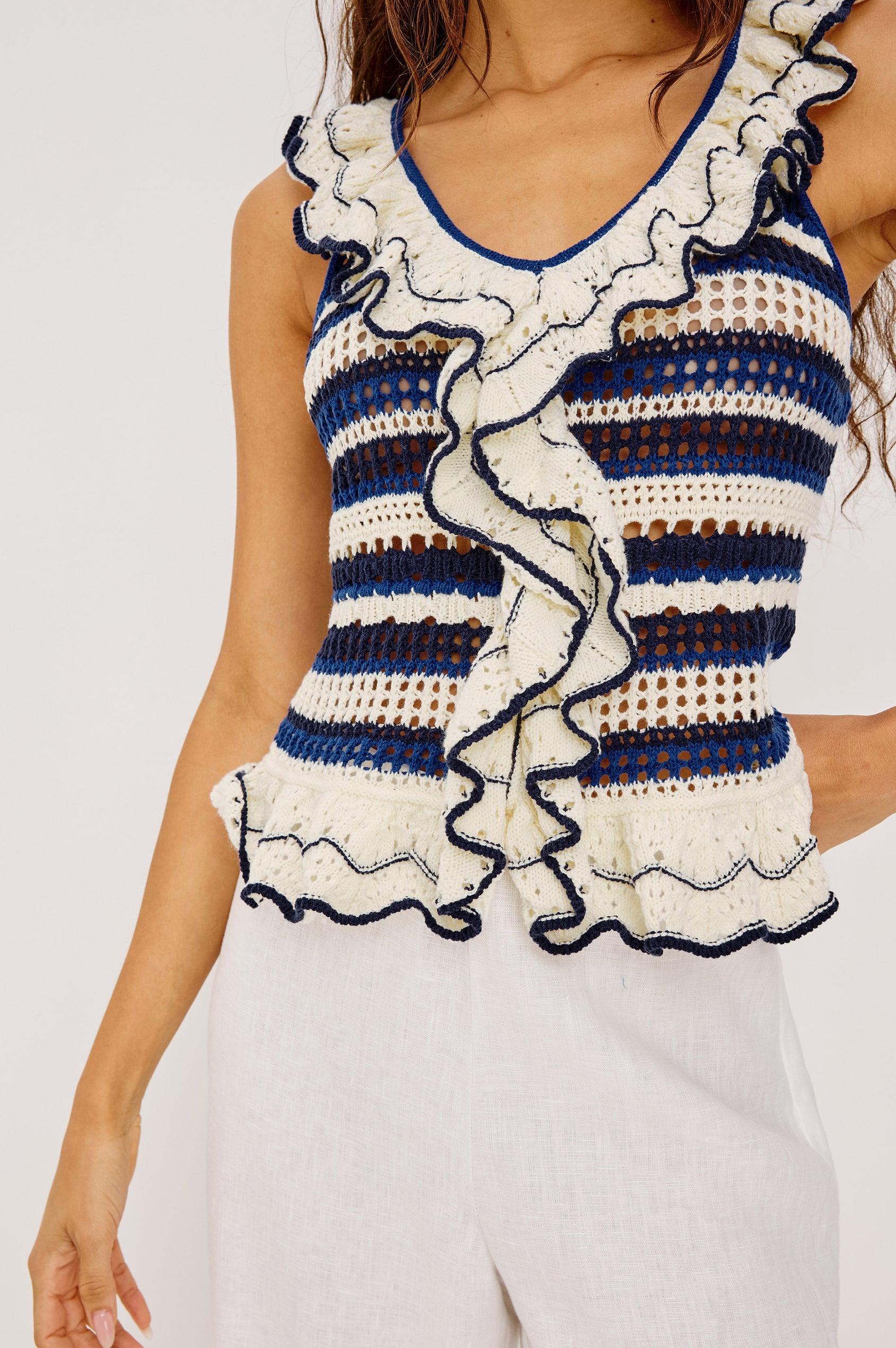 Luci Top in Cotton Blend Knit With Ruffled Trim, Relaxed Fit, and Peplum Hem in Crete Stripe Colorway - Upper Body Front View Featured on Model