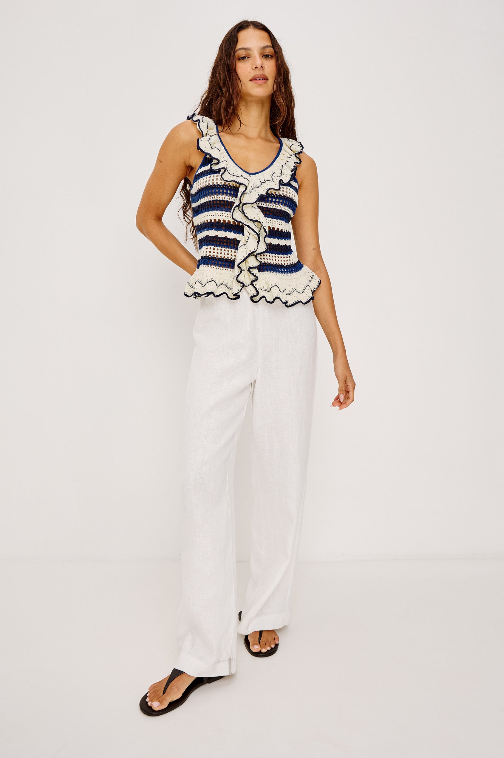 Luci Top in Cotton Blend Knit With Ruffled Trim, Relaxed Fit, and Peplum Hem in Crete Stripe Colorway - Full Body Front View Featured on Model