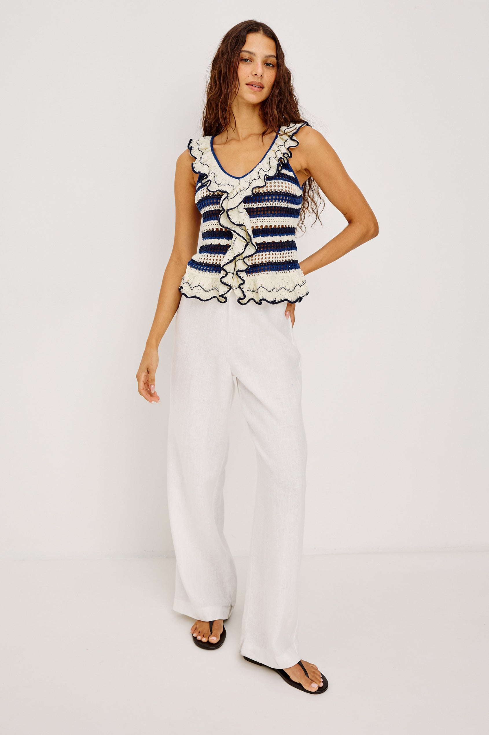Luci Top in Cotton Blend Knit With Ruffled Trim, Relaxed Fit, and Peplum Hem in Crete Stripe Colorway - Full Body Front View Featured on Model