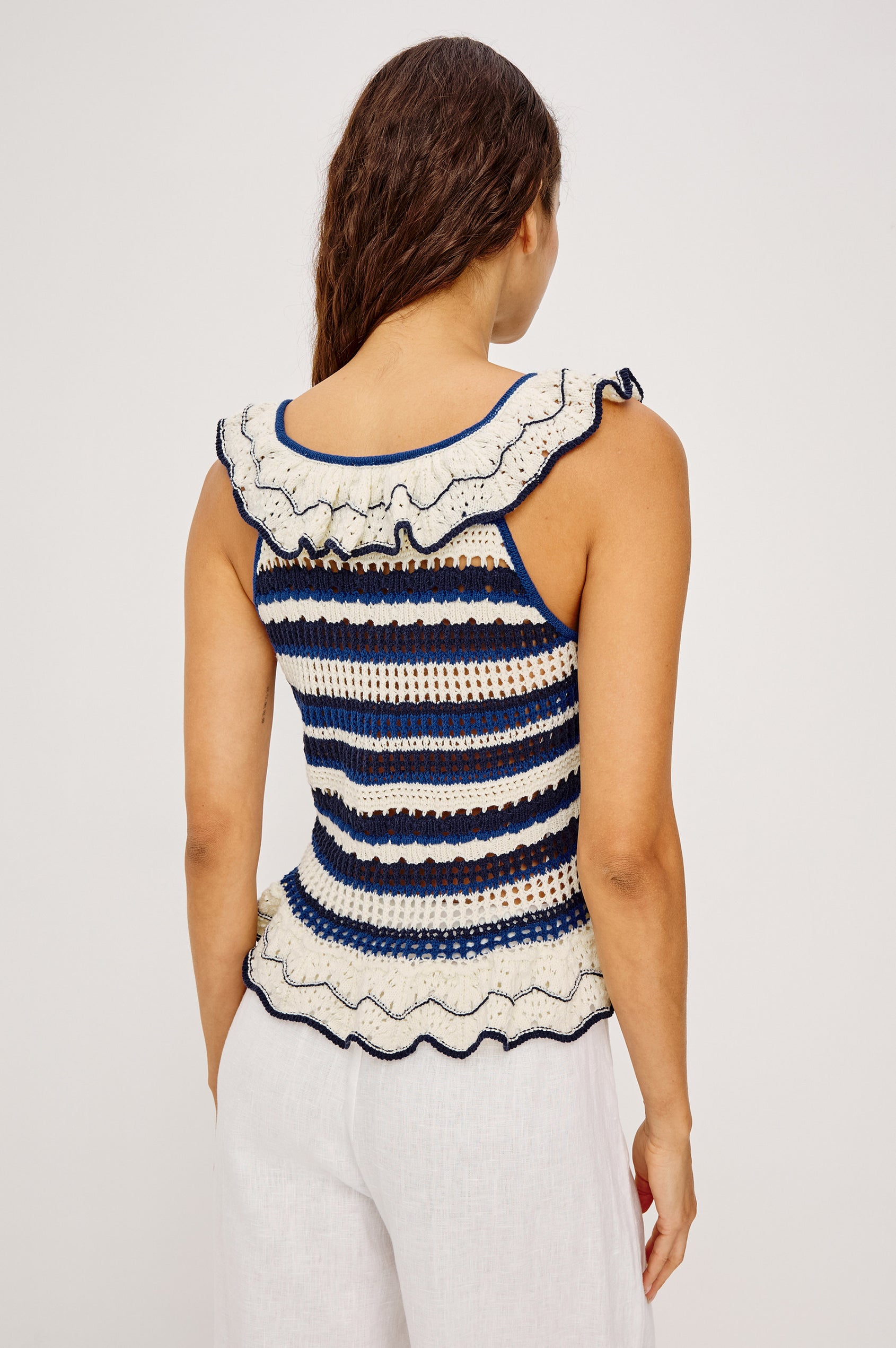 Luci Top in Cotton Blend Knit With Ruffled Trim, Relaxed Fit, and Peplum Hem in Crete Stripe Colorway - Upper Body Back View Featured on Model