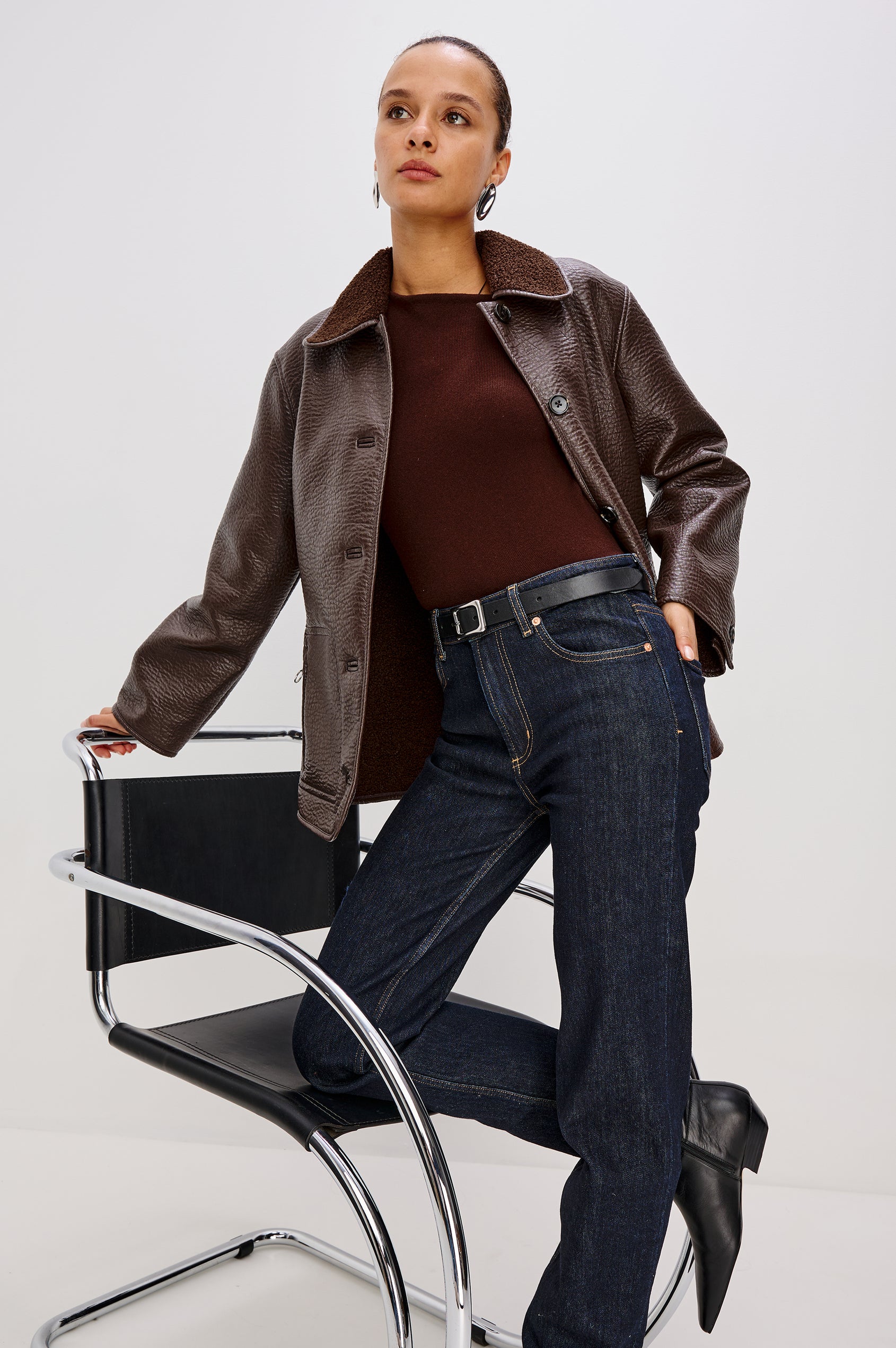 Leah Jacket in Vegan Pebbled Leather With Plush Faux Shearling Collar and Lining, Front Buttons, Zippered Side Pockets With O-Ring Pulls in Walnut Colorway - Full Body Front View Featured on Model