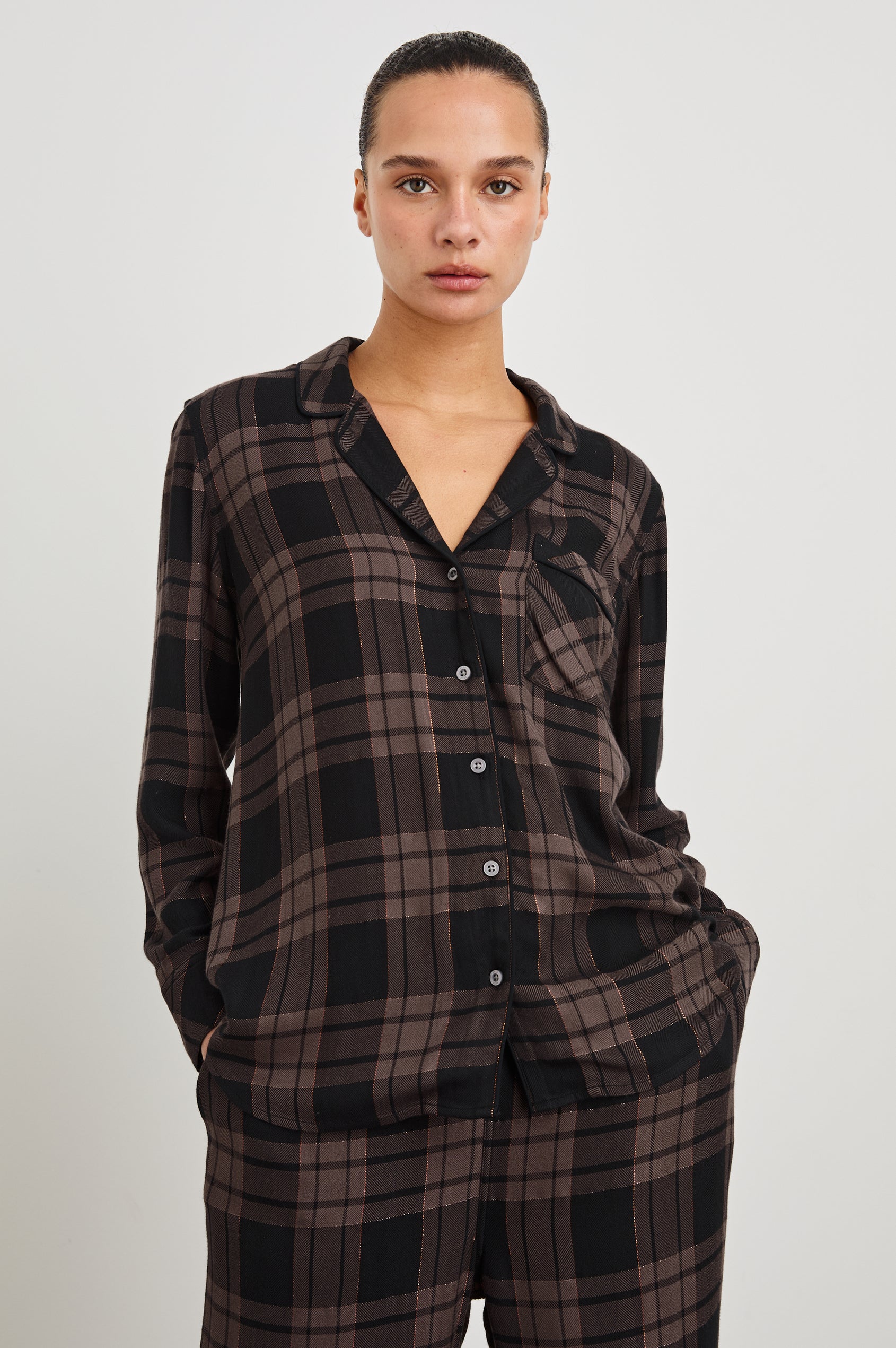 Luna Long Sleeve Button Down And Pants with Lurex Detailing In Colorway Bronze Mauve Pitch - Front View On Model