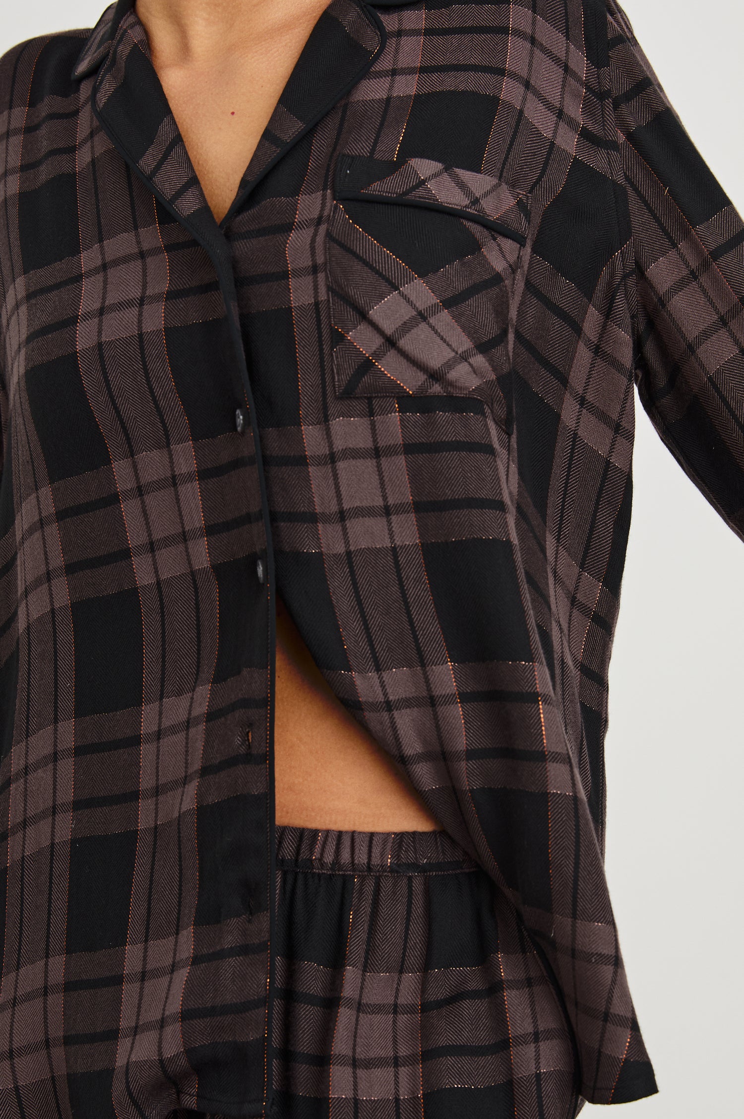 Luna Long Sleeve Button Down And Pants with Lurex Detailing In Colorway Bronze Mauve Pitch - Detail View Featured On Model